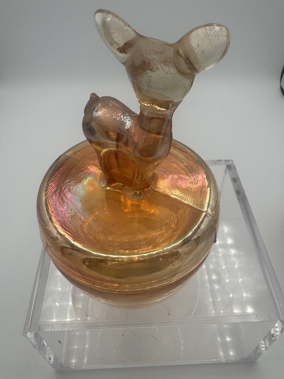 Vtg Jeannette Marigold Carnival Glass Powder Jar Set – Poodle/Deer/Terrier Lids