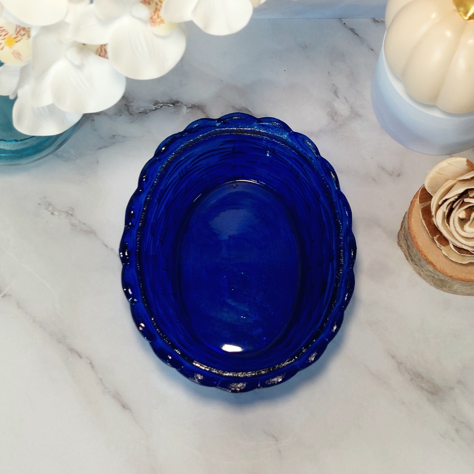 Hen on Nest Chicken Cobalt Blue Glass Depression Style Candy Dish, Vintage Style