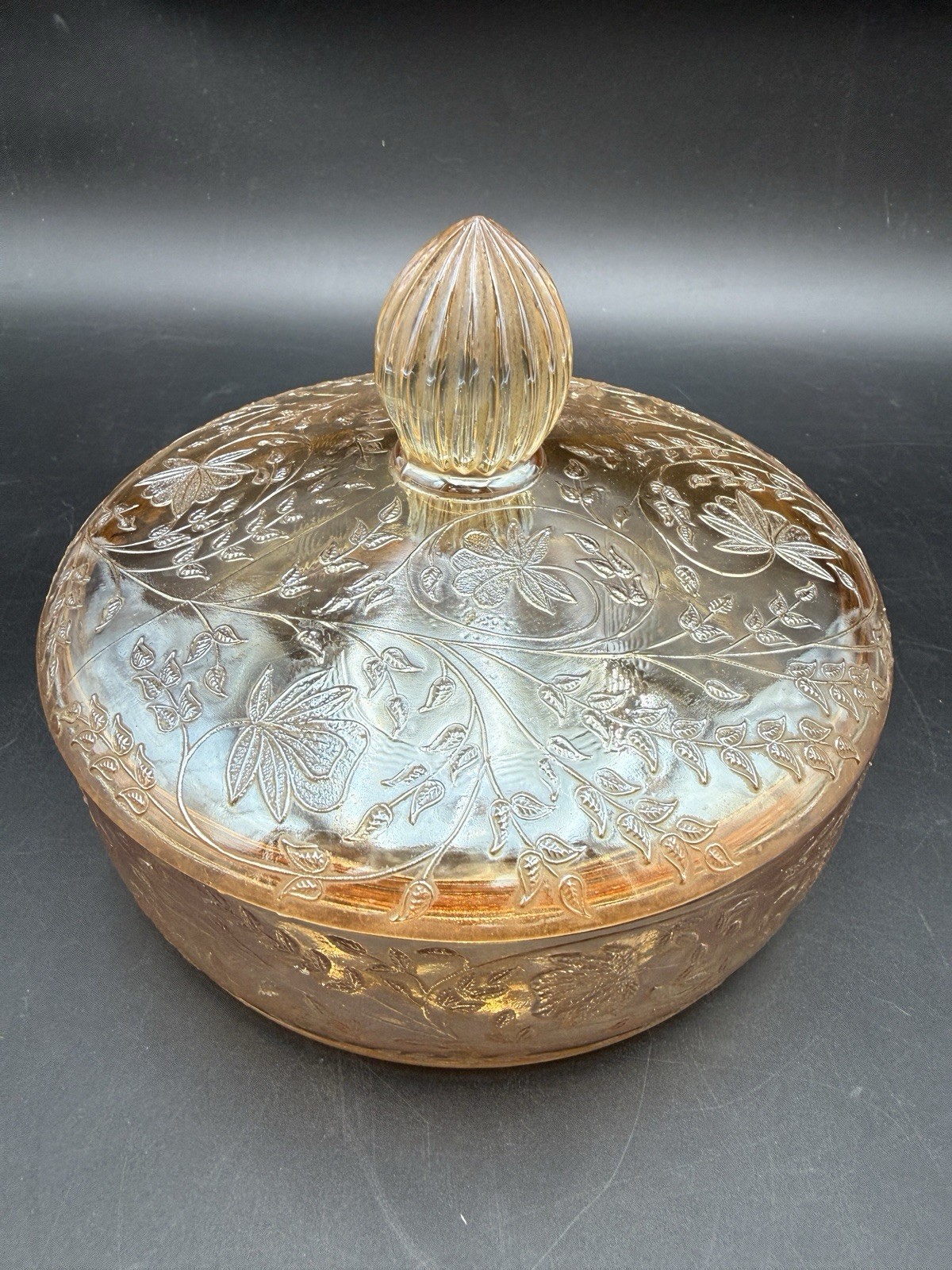 GORGEOUS! Vintage Jeannette Glass Floragold “Louisa” Covered Candy Dish