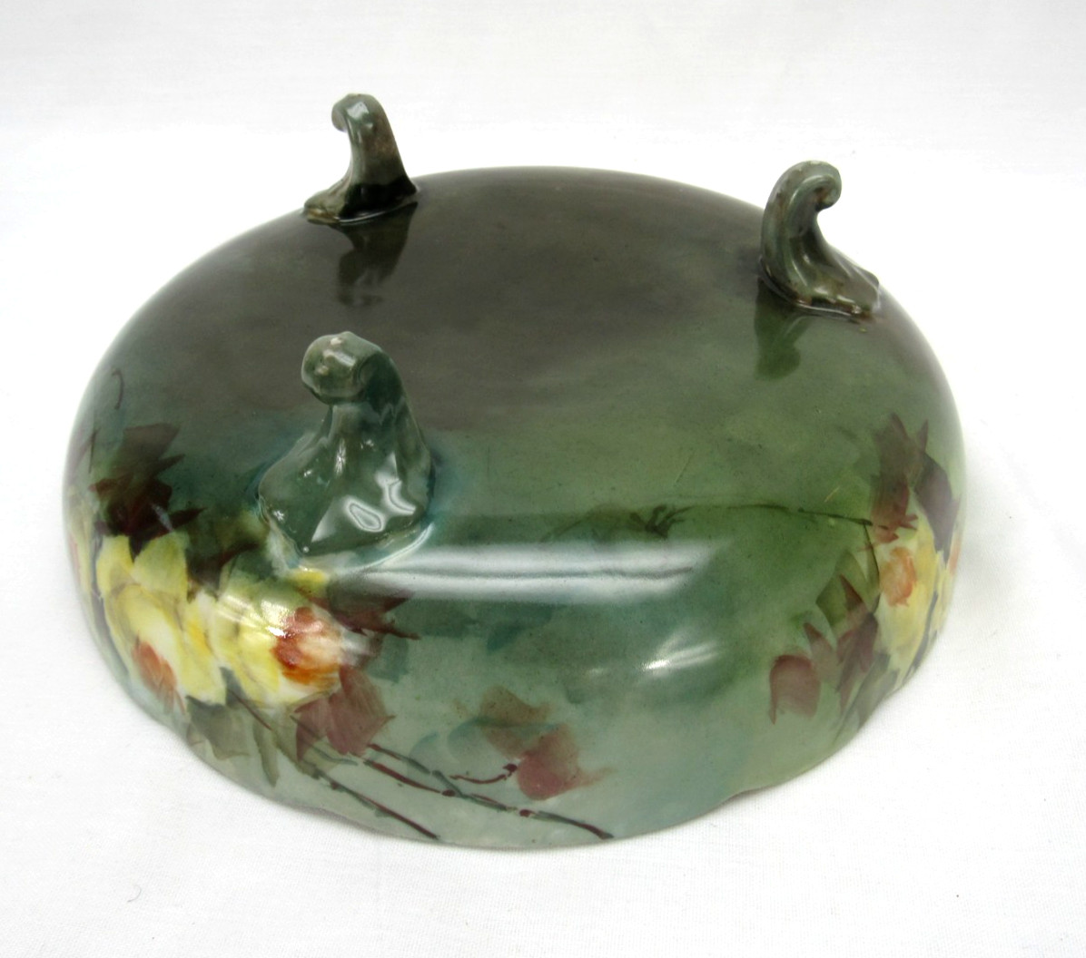 Antique Hand Painted tri Footed Bowl Green with yellow Roses 7.25 inch Dish