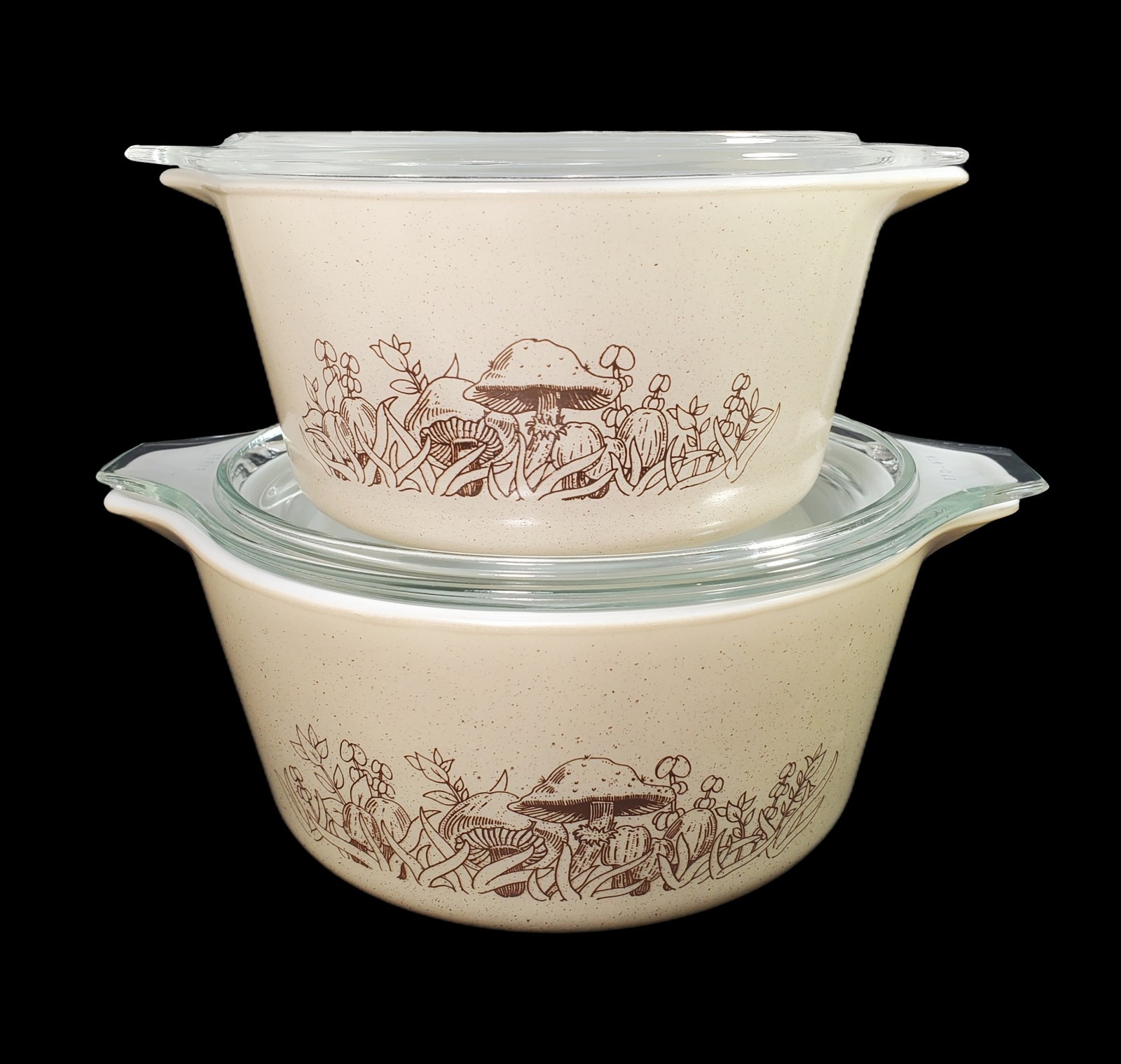 VTG Pyrex Forest Fancies Mushroom Casserole Dishes 473 & 474 w Lids Corning Mark
