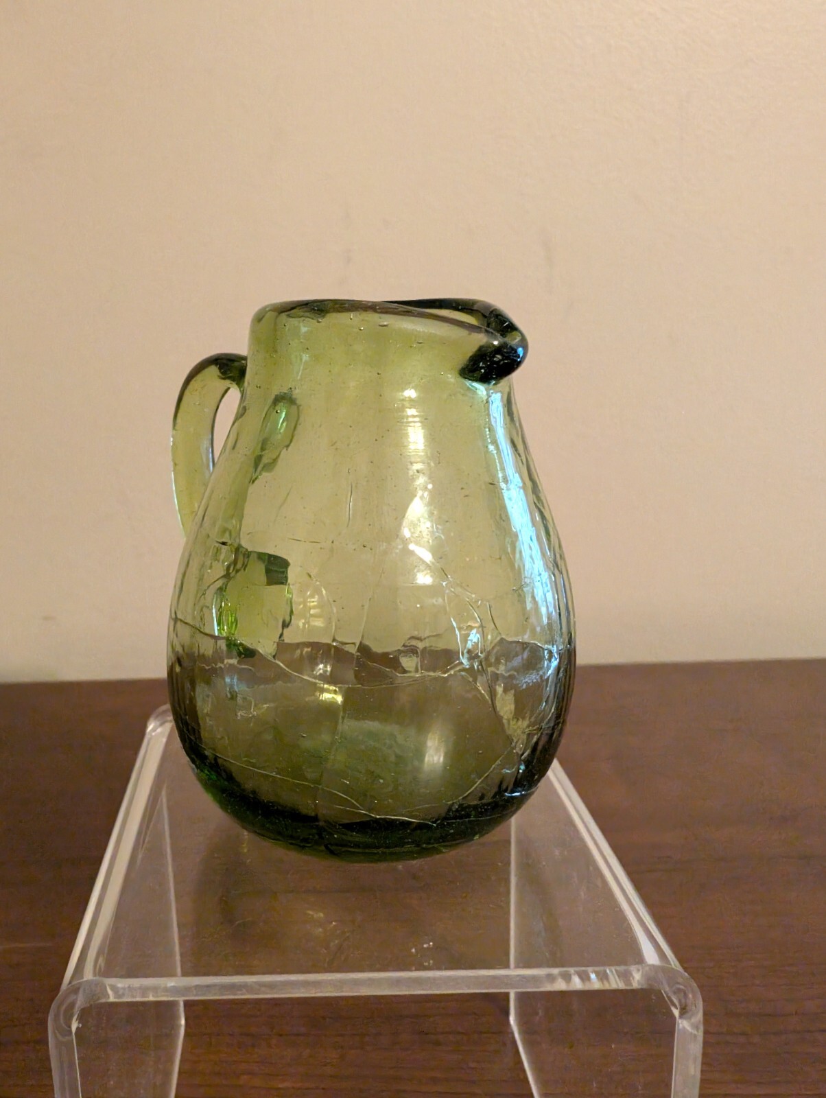 BLENKO Hand-Blown Crackle Glass Olive Green Mini Pitcher w Handle & Sharp Pontil