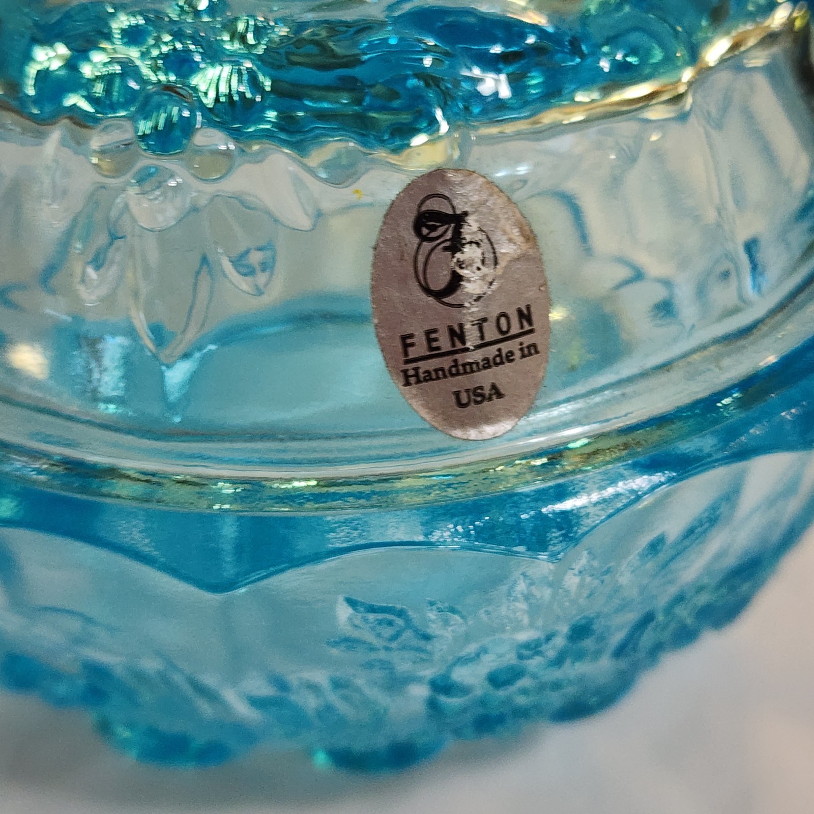 Fenton Blue Aqua Glass Paneled Puff Box Candy Dish Jelly Compote Grape Vines