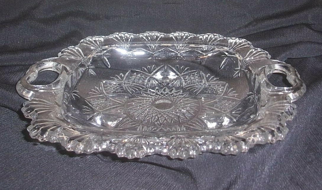 Antique 1919 AMB Period Square Cut Glass 3-Footed 10″ Bowl-Heart Handles-EUC