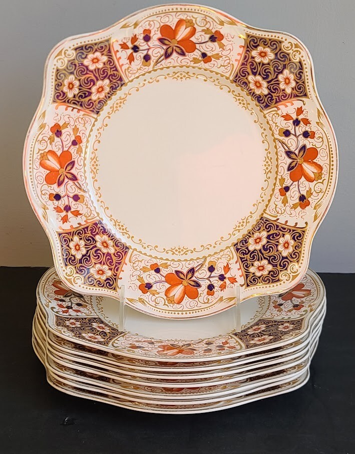 8 Dinner Plates Rutland Johnson Bros. Cobalt Blue Rust / Gold Floral 9 3/4″ wide