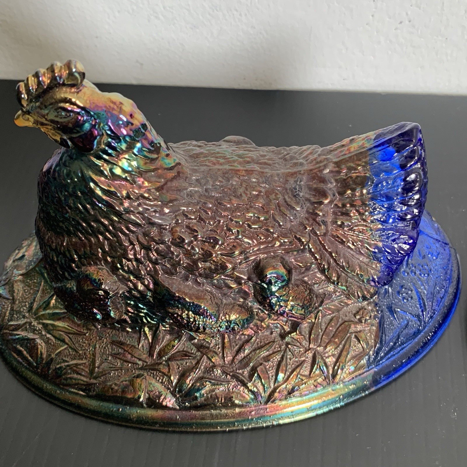Glass Blue Carnival Glass Hen On Nest Covered Dish – Chicken Candy Dish