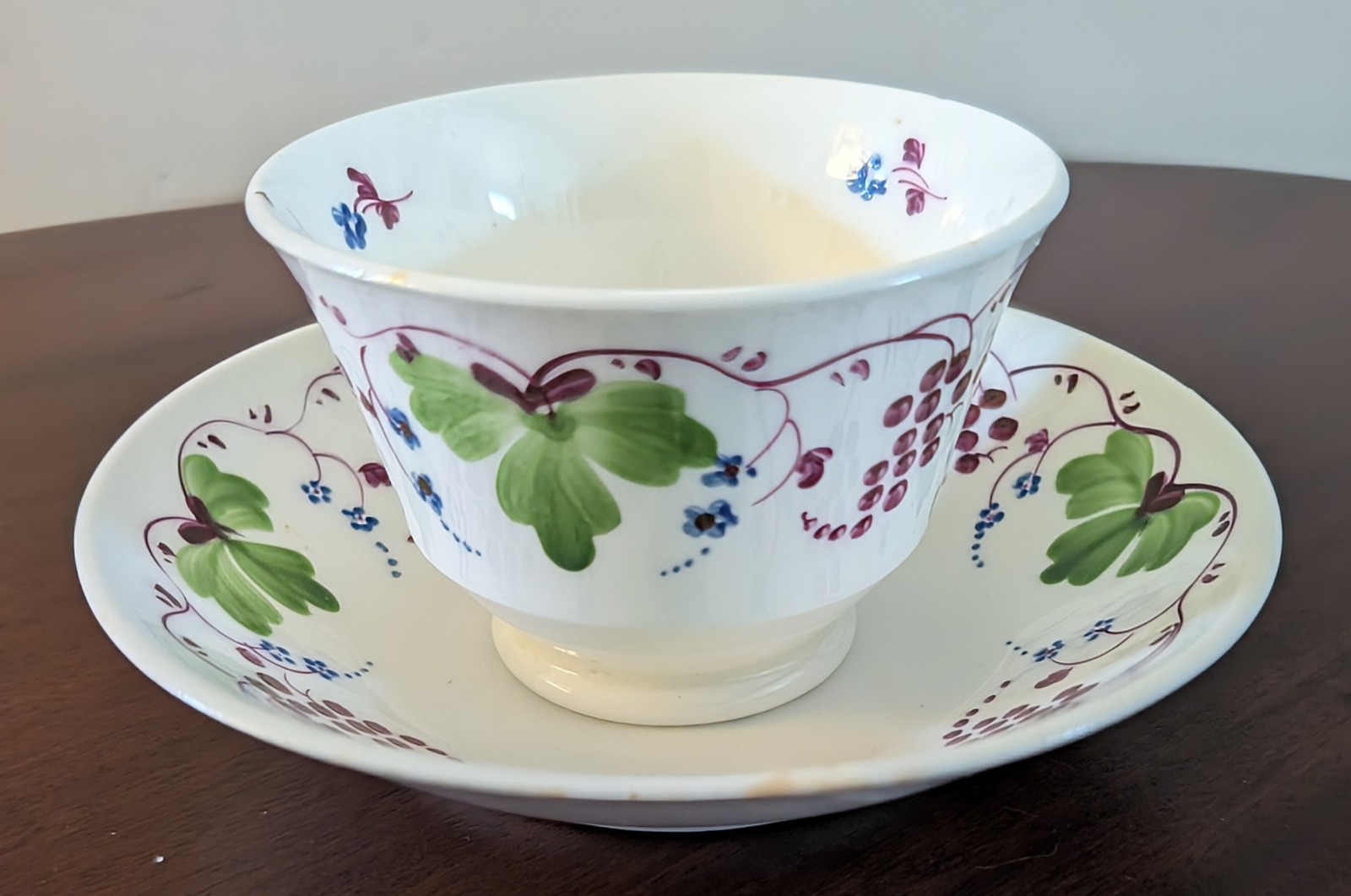 Antique 1830s Handpainted Porcelain Handless Cup & Saucer ~ Grape & Vine
