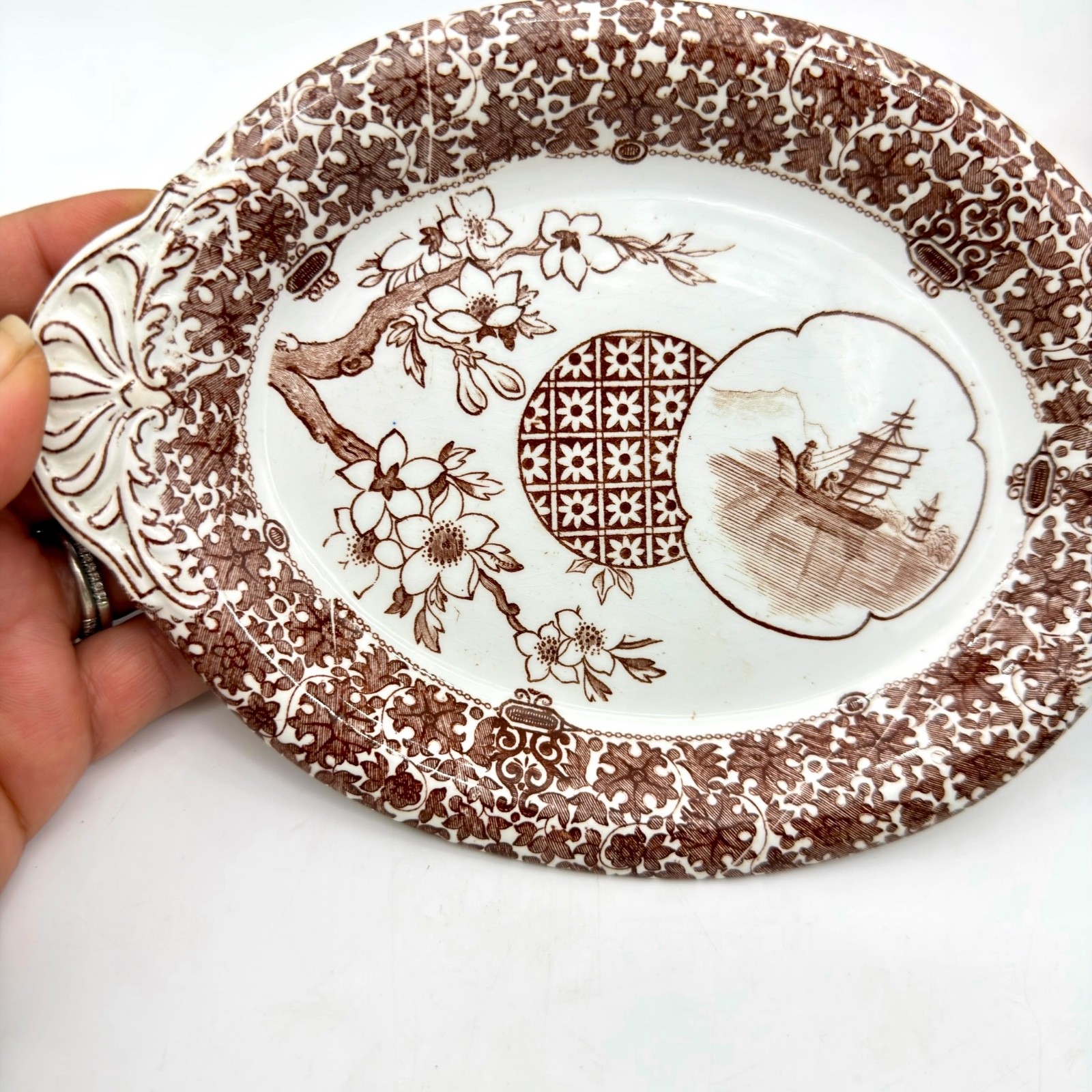 Antique Copeland Spode Aesthetic Brown Transferware Ship Small Platter Tray 1882