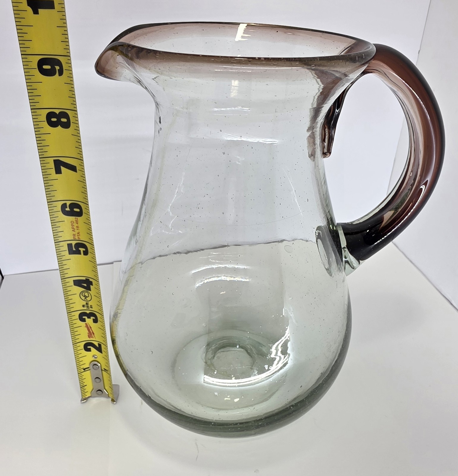 Mexican Hand Blown Glass Pitcher Light Brown Rim and Handle 9″ Beautiful