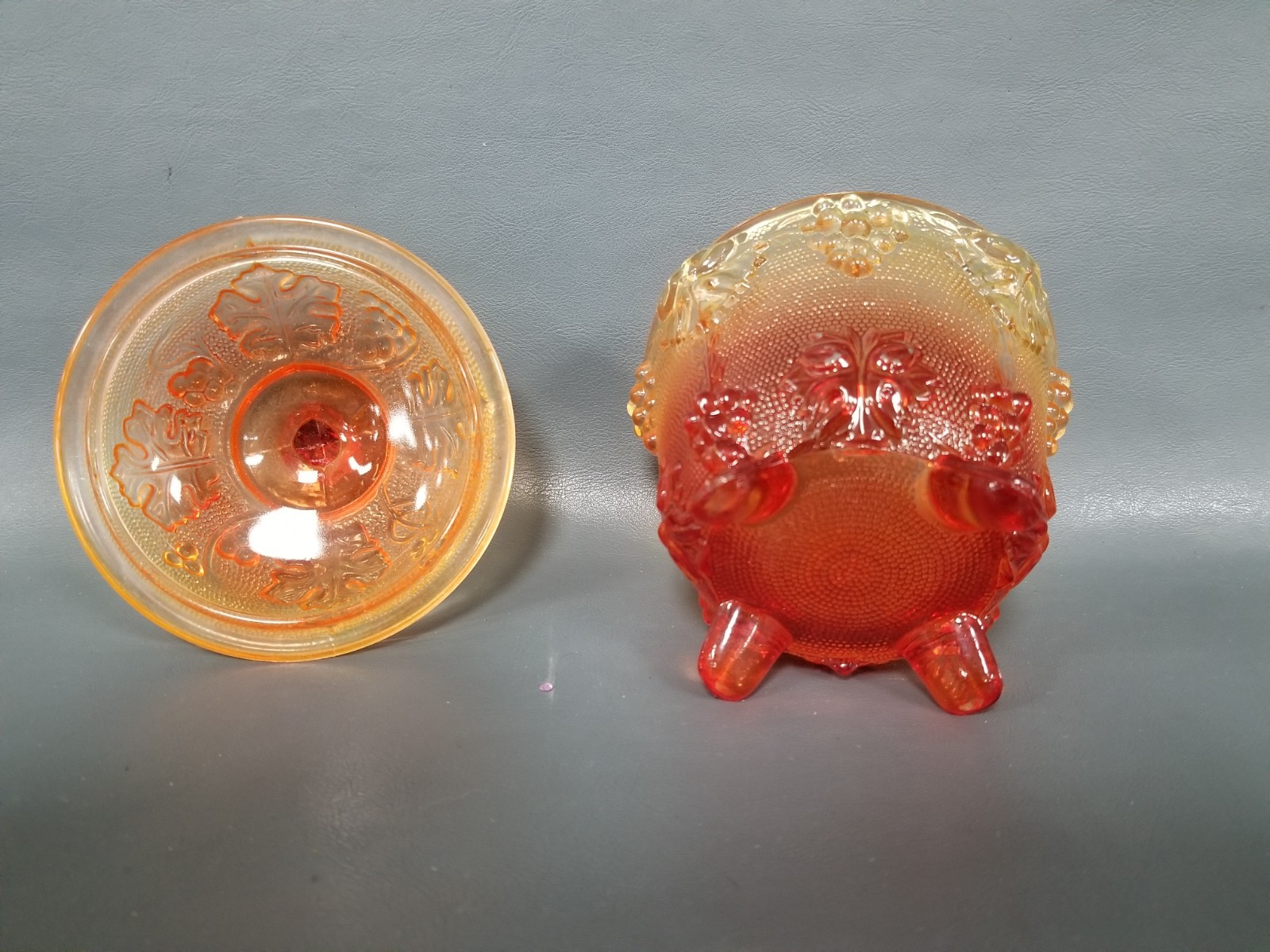 VTG Jeannette 6″ Amberina Grape + Vine 3-Footed Lidded Candy Dish Cluster Handle