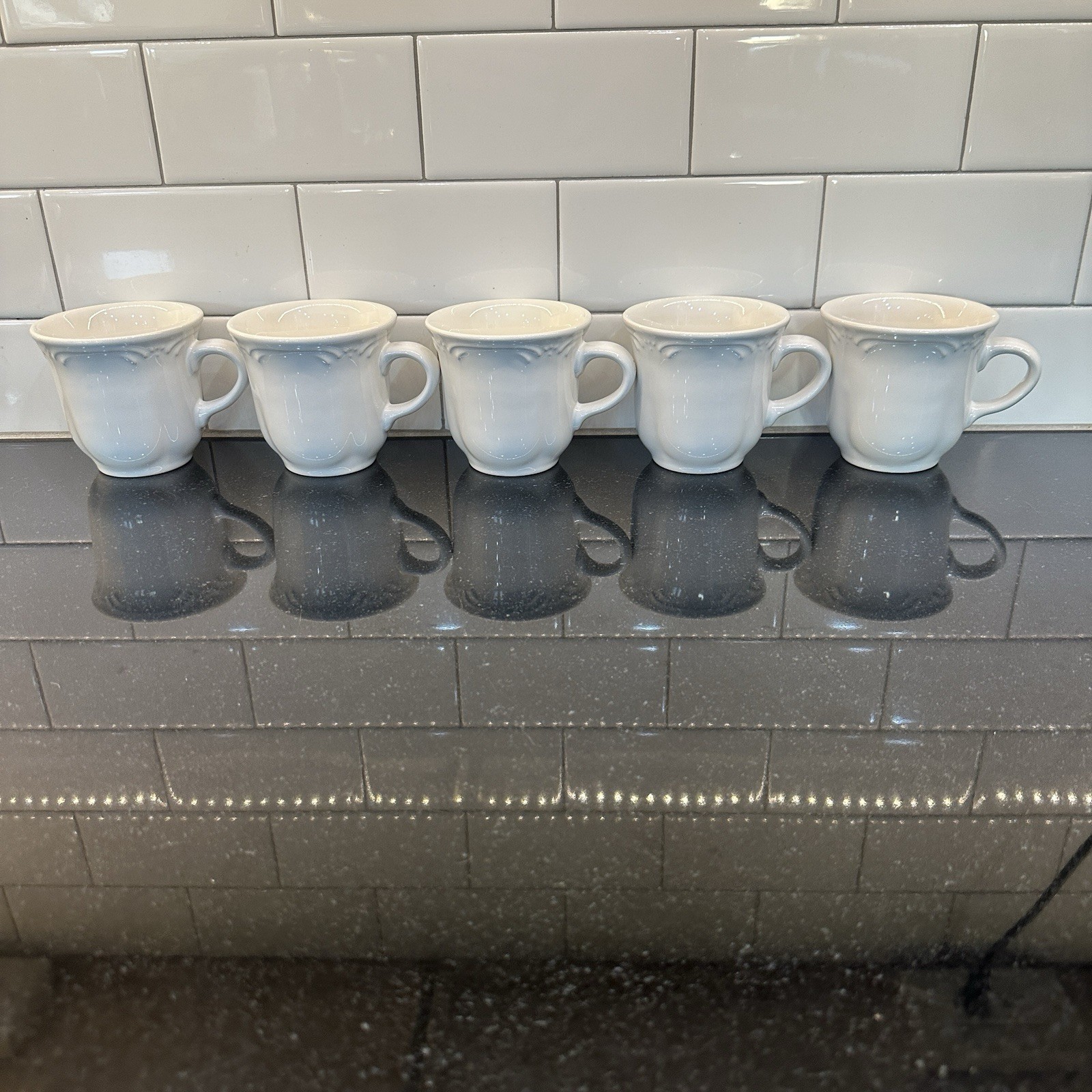 PFALTZGRAFF FILIGREE Pattern Coffee Cups (x5) Matched Set VGC White Tea Mugs