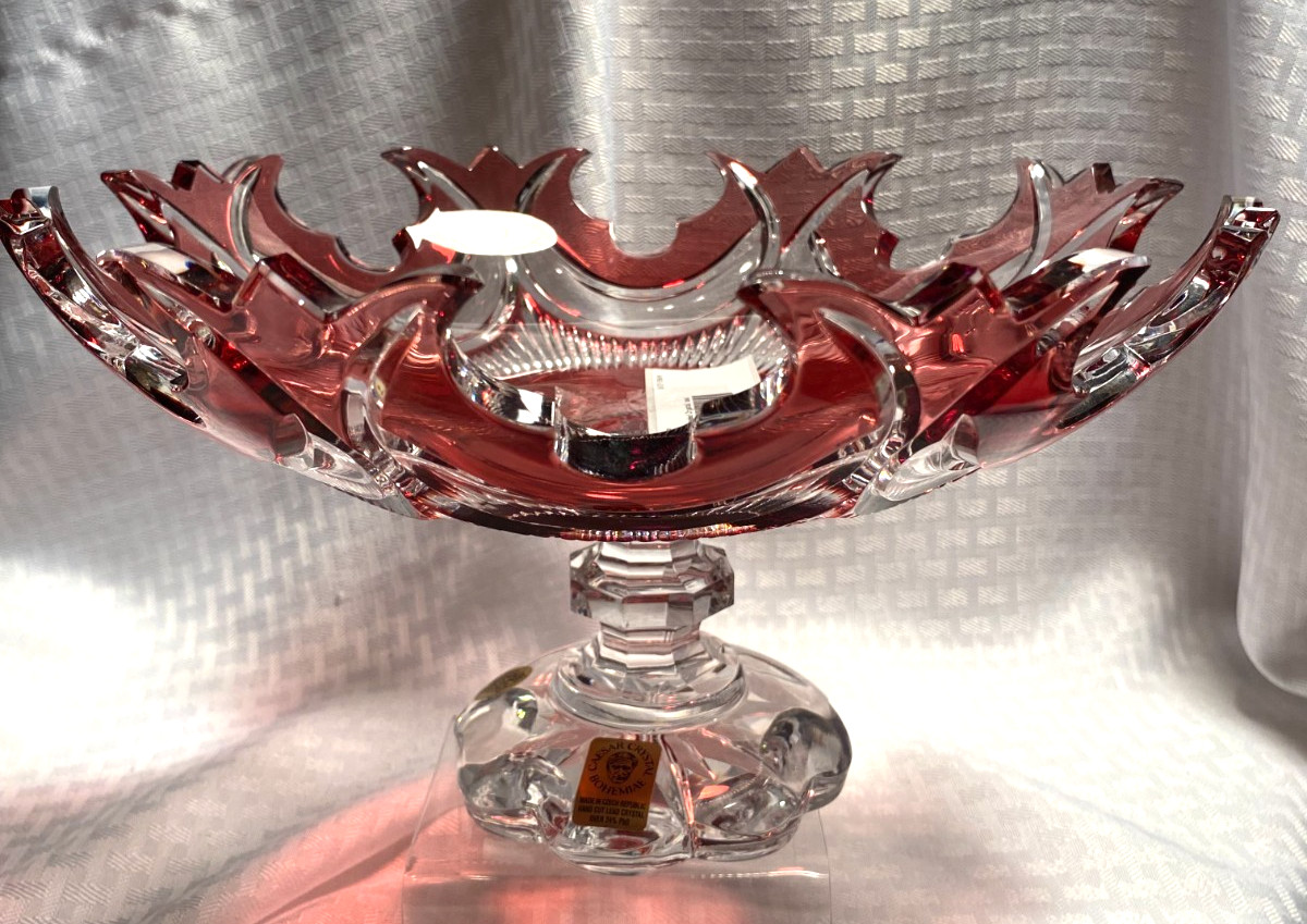 CAESAR BOHEMIAE DIADEM PEDESTAL BOWL 11″ CASED RED CUT TO CLEAR CRYSTAL BOHEMIAN
