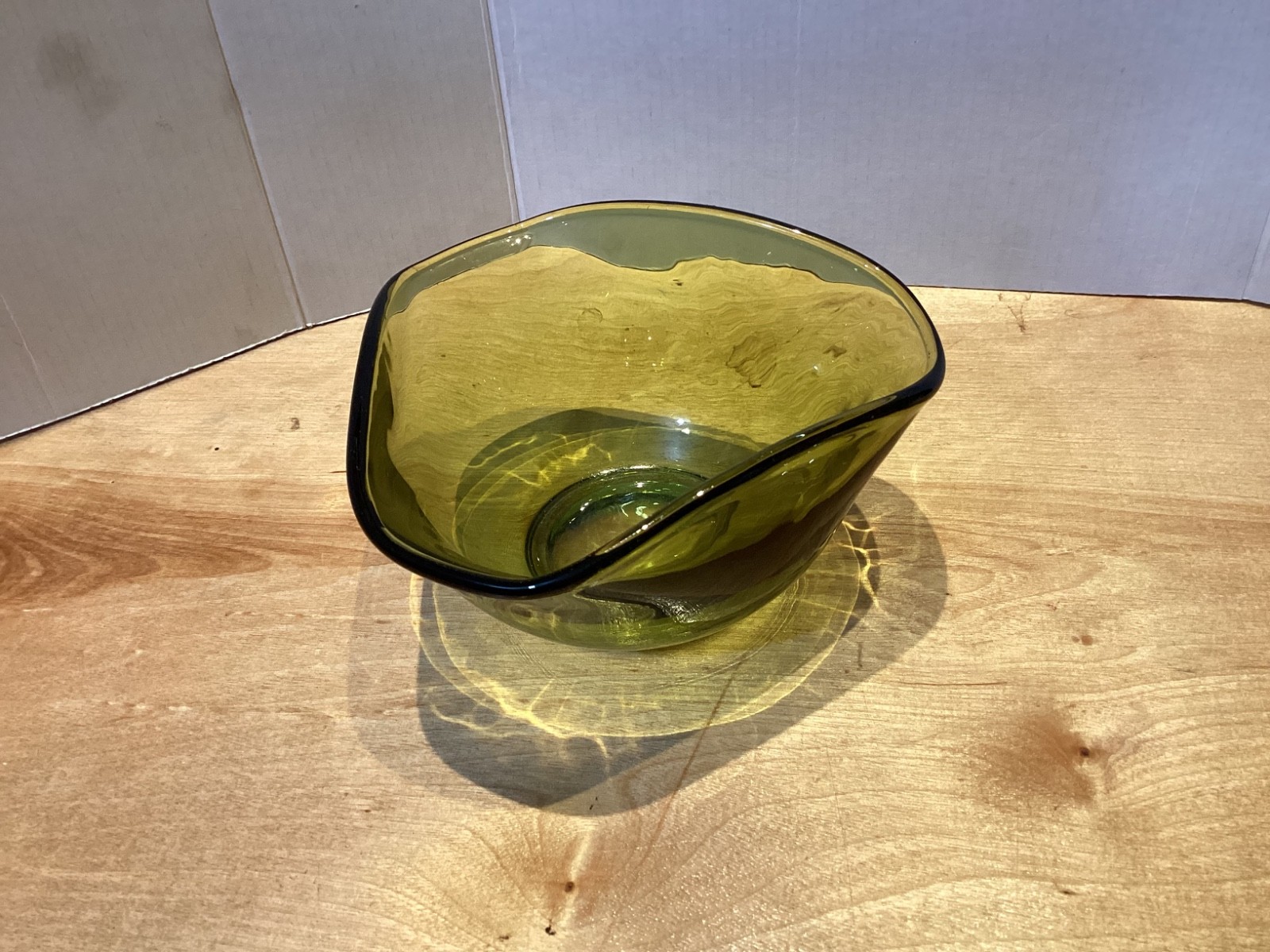 Vintage Anchor Hocking Avocado Green Glass Serving Bowl Pinched Folded Rim