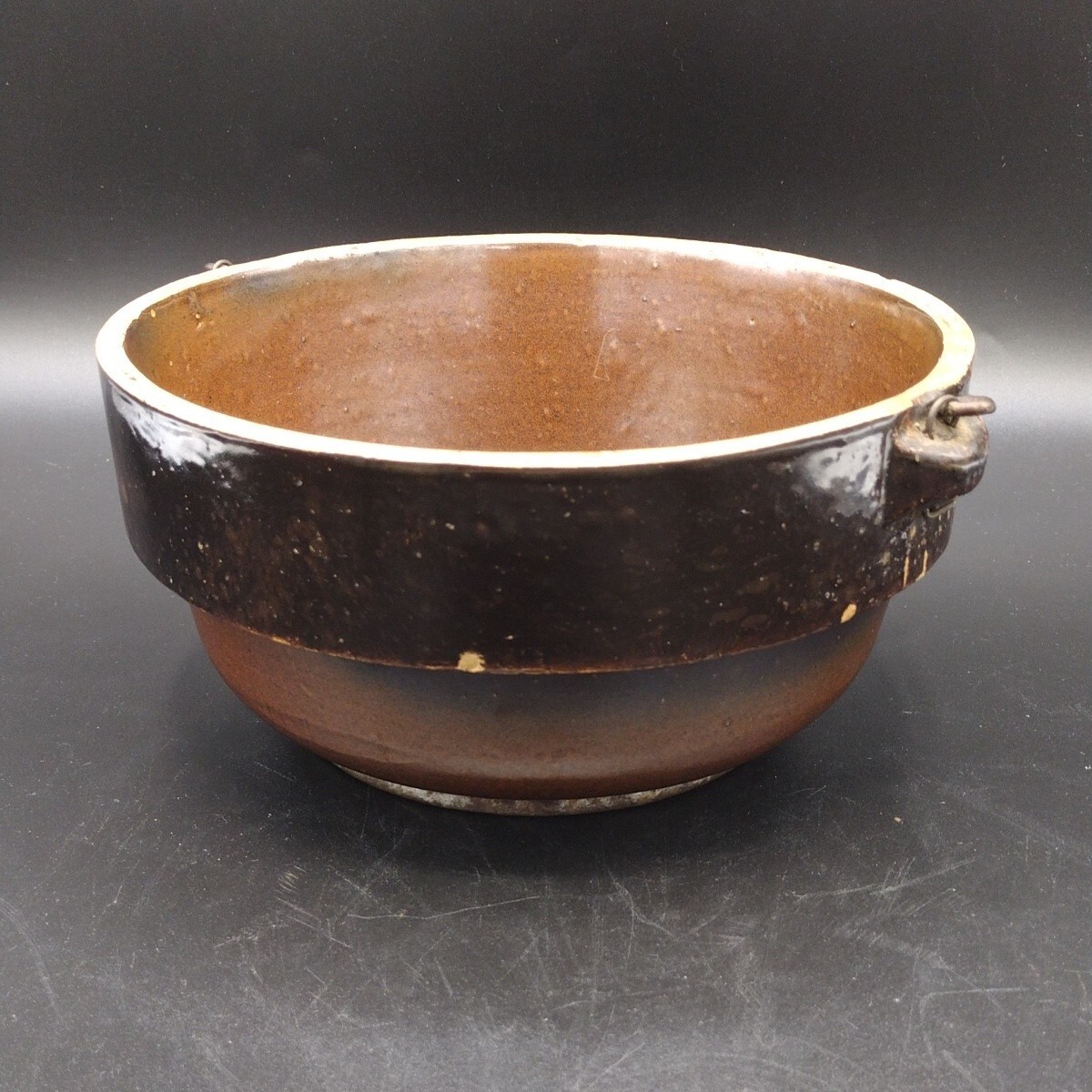 Antique Stoneware Salt Glaze8¾” Crock Mixing Bowl Wire Handle Metal Bottom Brown
