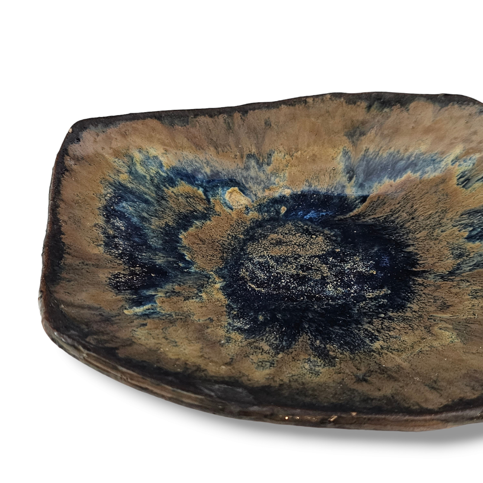 Vintage Studio Art Pottery Raised Footed Bowl Ceramic Blue Brown Signed 8.5″