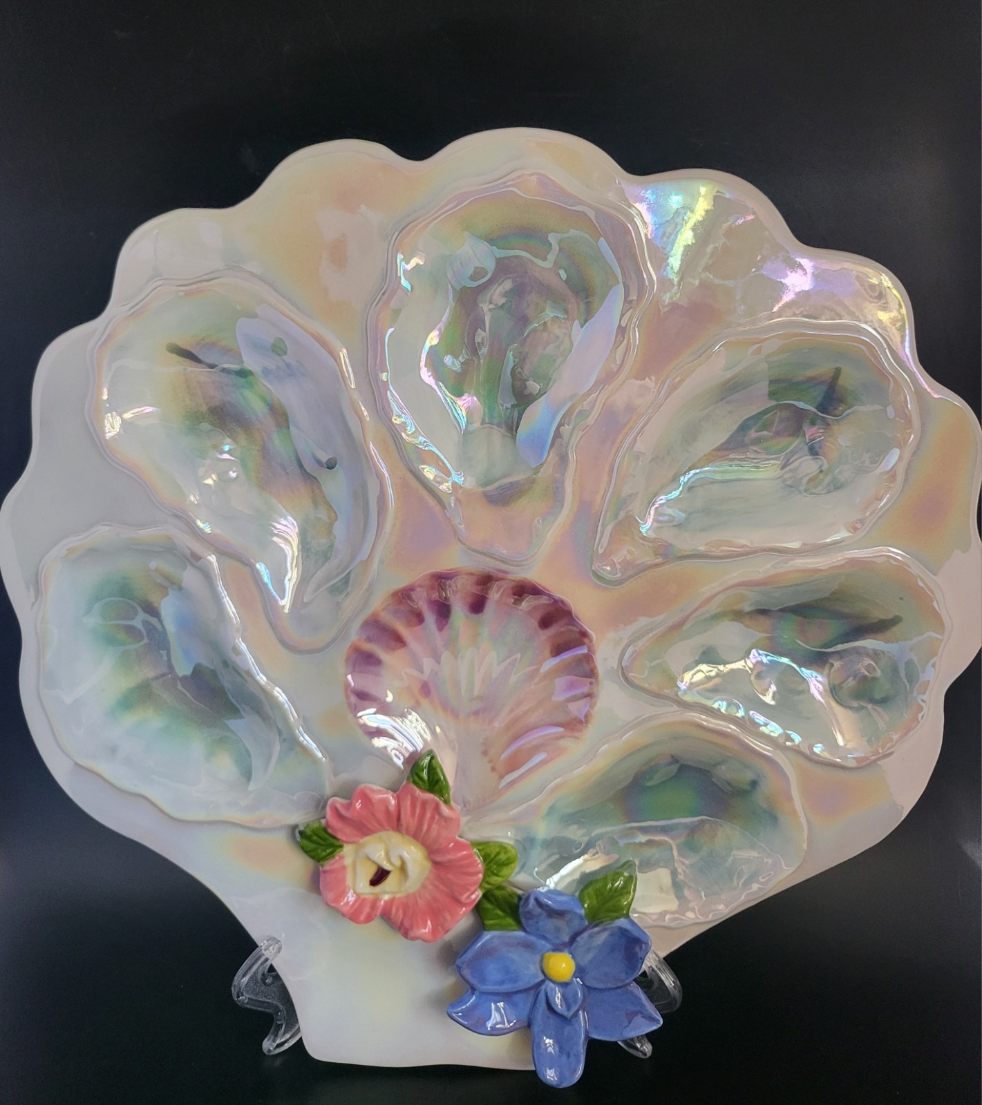 Iridescent Ceramic Oyster Plate with 3D Dimensional Flowers One Plate