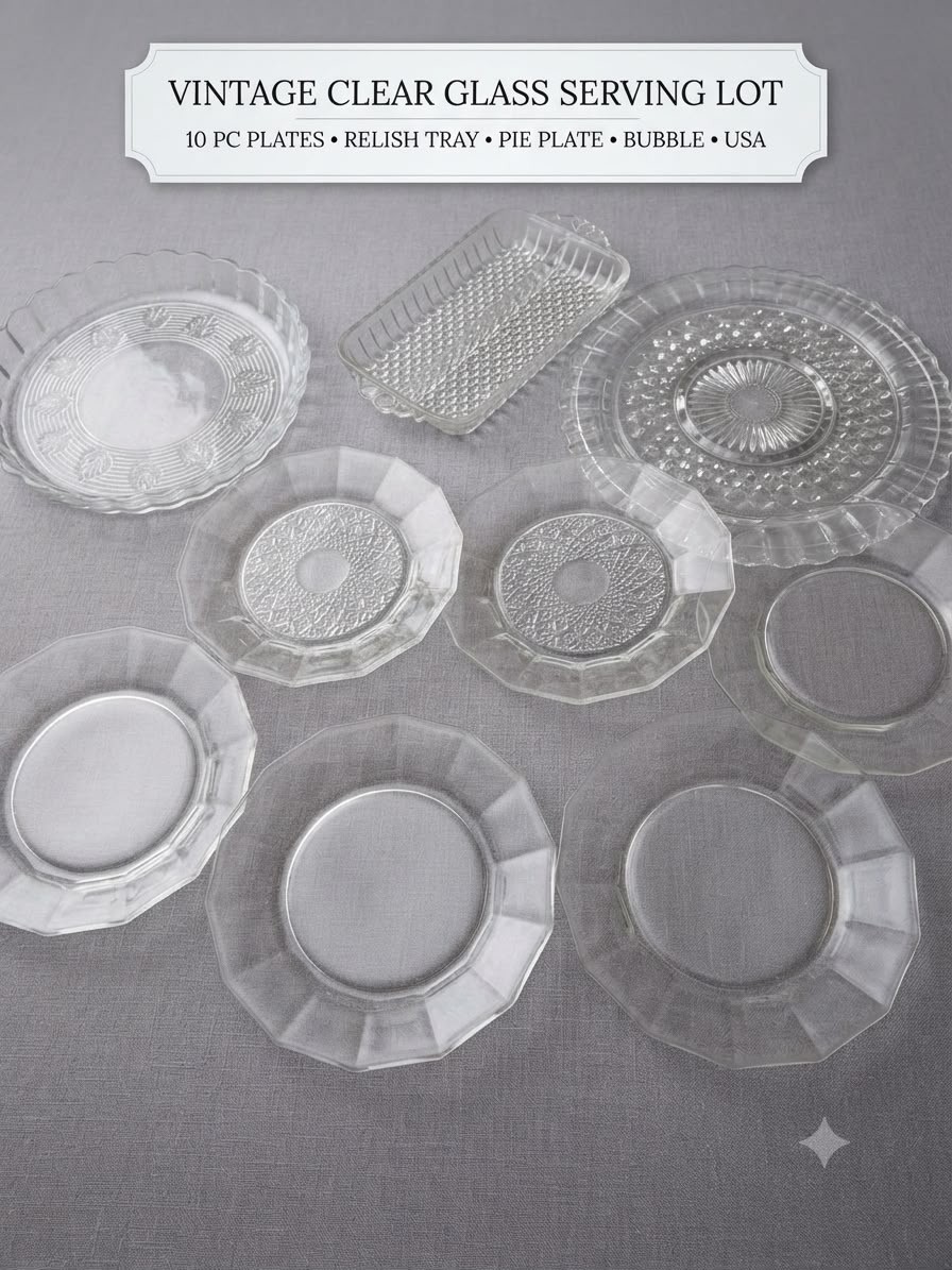 Vintage Clear Glass Serving Lot 10 Pc Plates Relish Tray Pie Plate Bubble USA