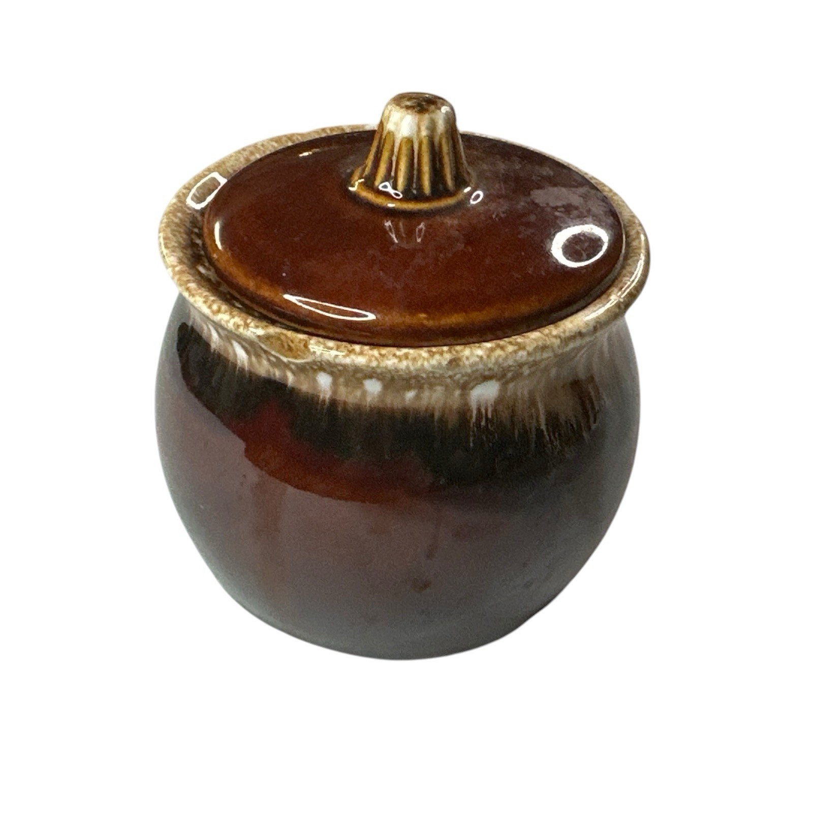 Vintage Hull Pottery Brown Drip Glaze Sugar Bowl Lid Pot Oven Proof USA Rustic