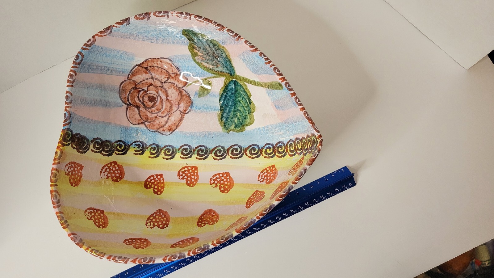 Hand Painted Heart Shaped Italian Pottery Serving Bowl Rose And Hearts