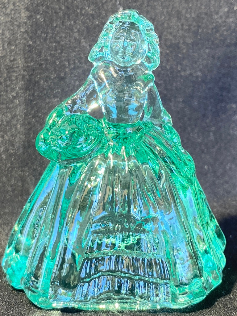 Green Vaseline uranium glass girl doll candy container woman Elizabeth Blue glow