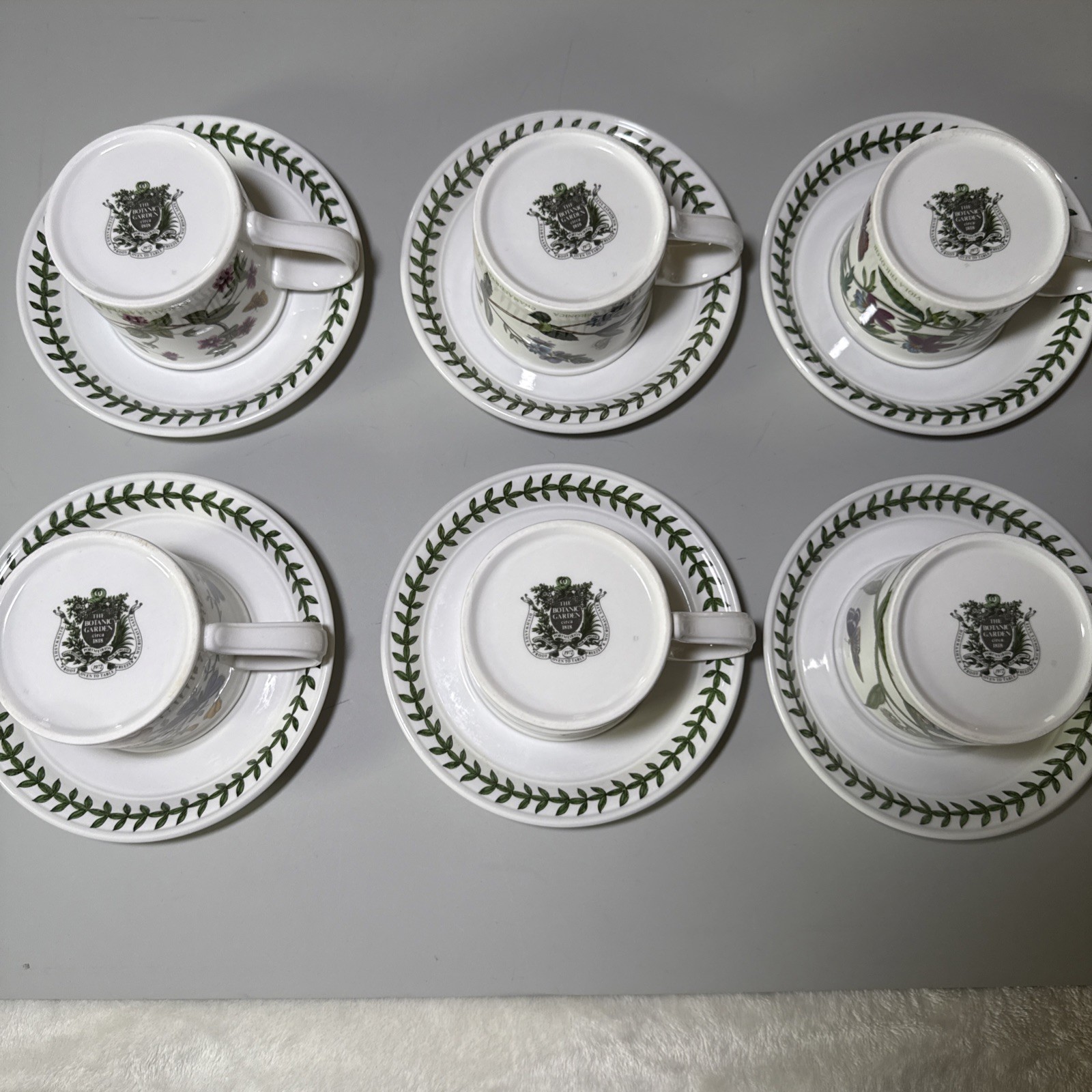 Portmeirion Botanic Garden Set of 6 Flat Cups & Saucers Made in England Assorted