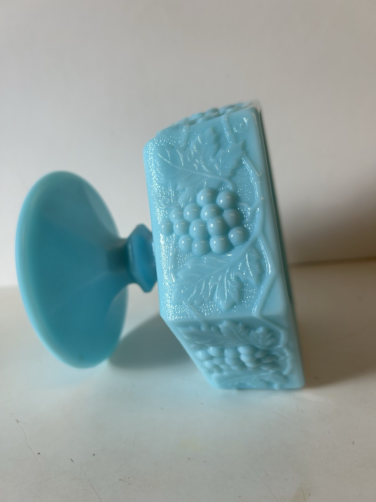 Imperial Blue Milk Glass Covered Compote Candy Dish Grape and Leaf Hexagon