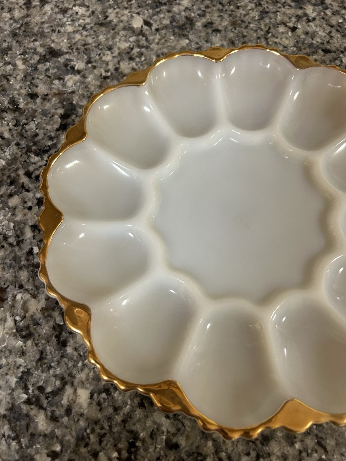 VTG 1950-1959 MCM Anchor Hocking Milk Glass Deviled Egg Plate W/Gold Rim