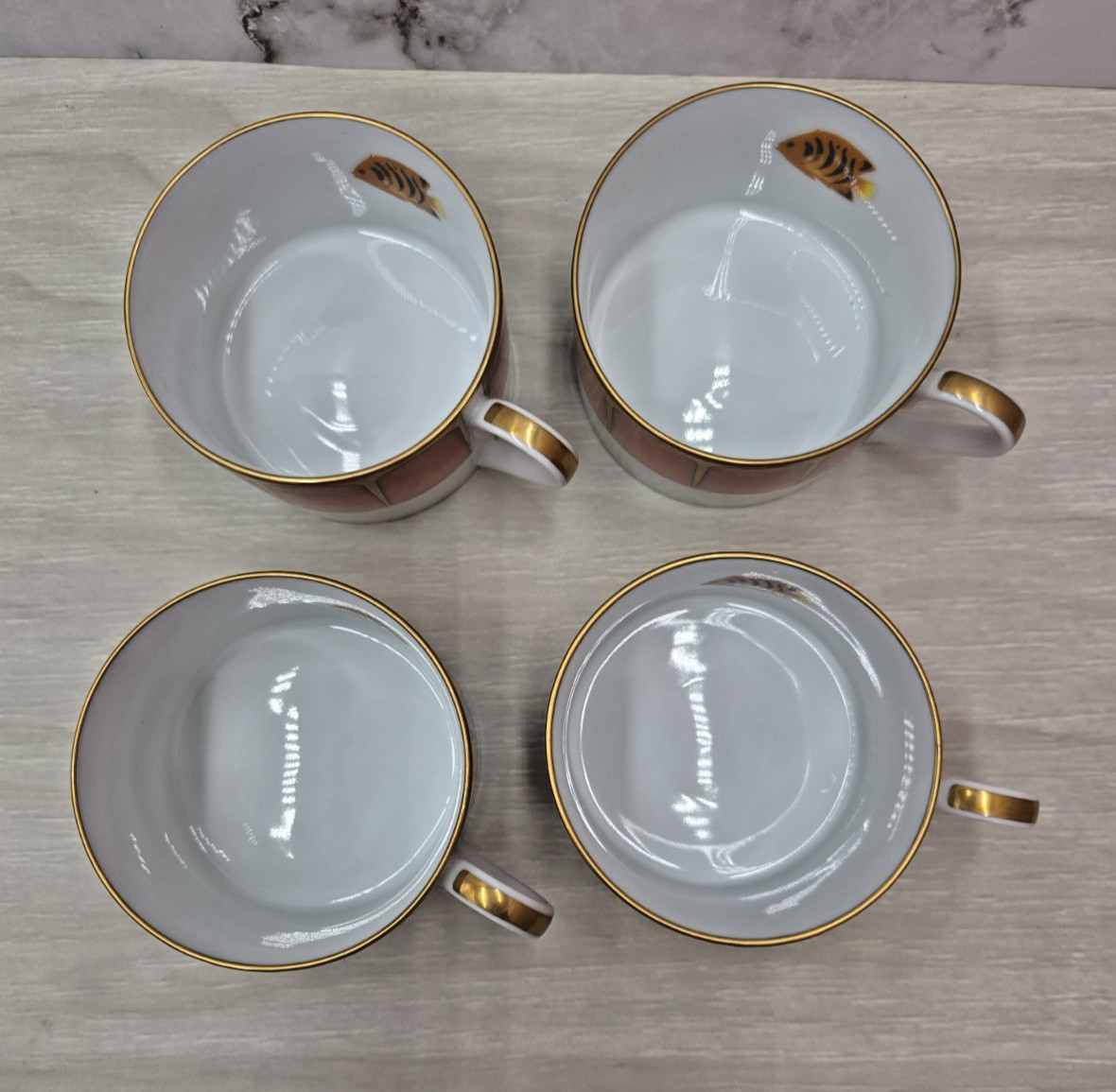 Lynn Chase Coral Seas, Set of 4 Tea Coffee Cups w Flat Bottoms, 24kt Gold Trim