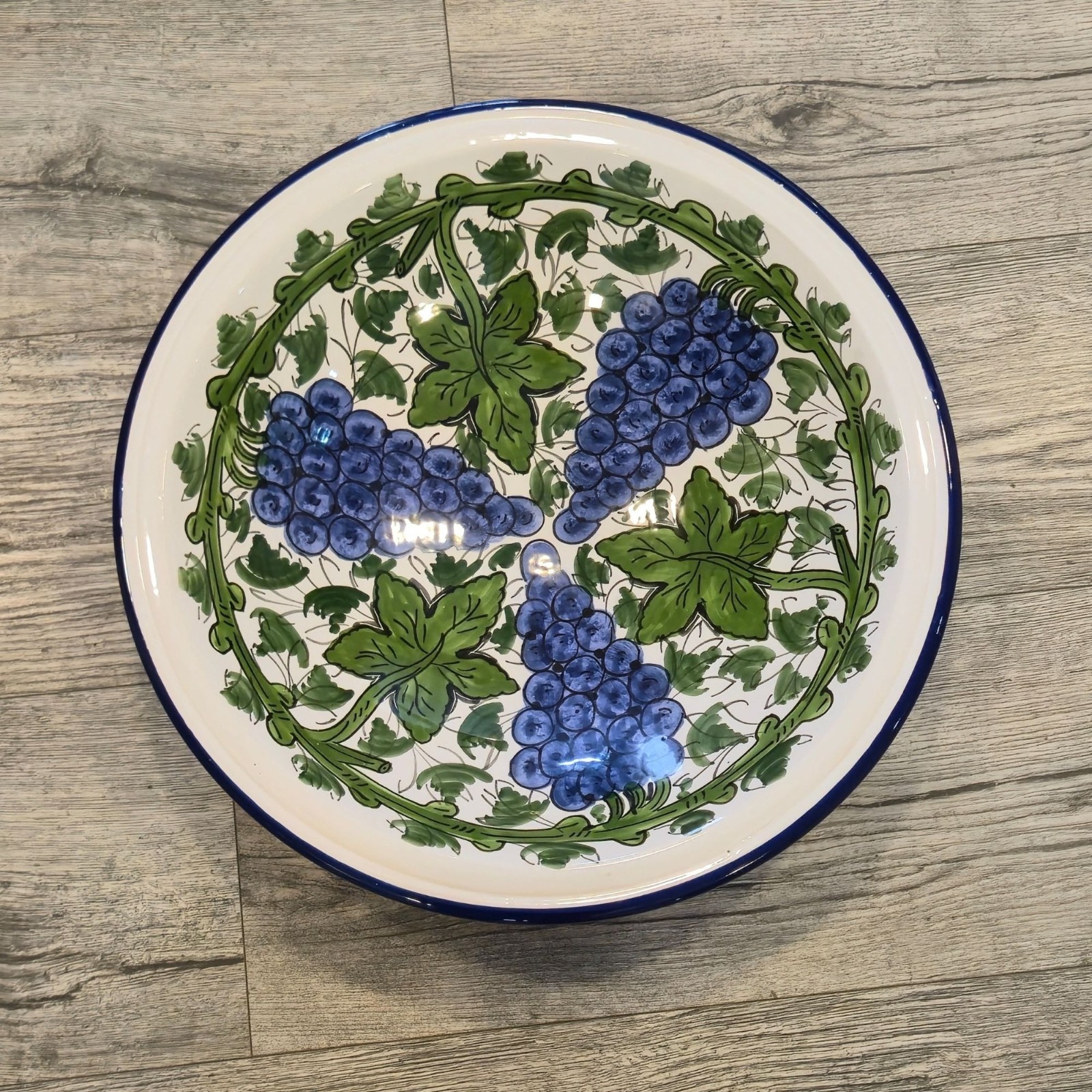 Vintage Le Souk Ceramique Tunisian Hand-Painted Pottery Bowl Blue Grapes Leaves