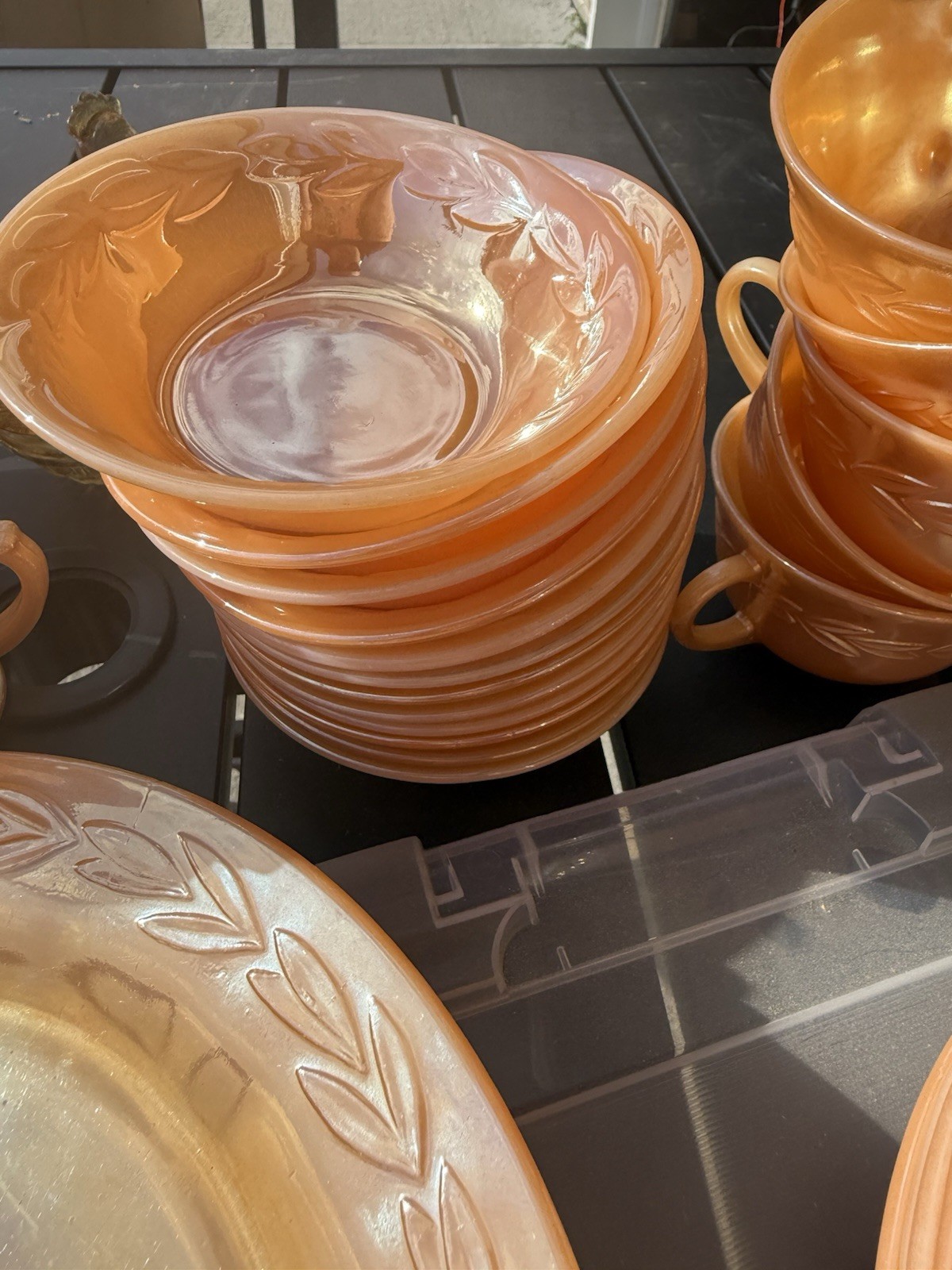 Marigold Carnival Glass Leaf Dinner Set Iridescent Cups Saucers Plates Bowls