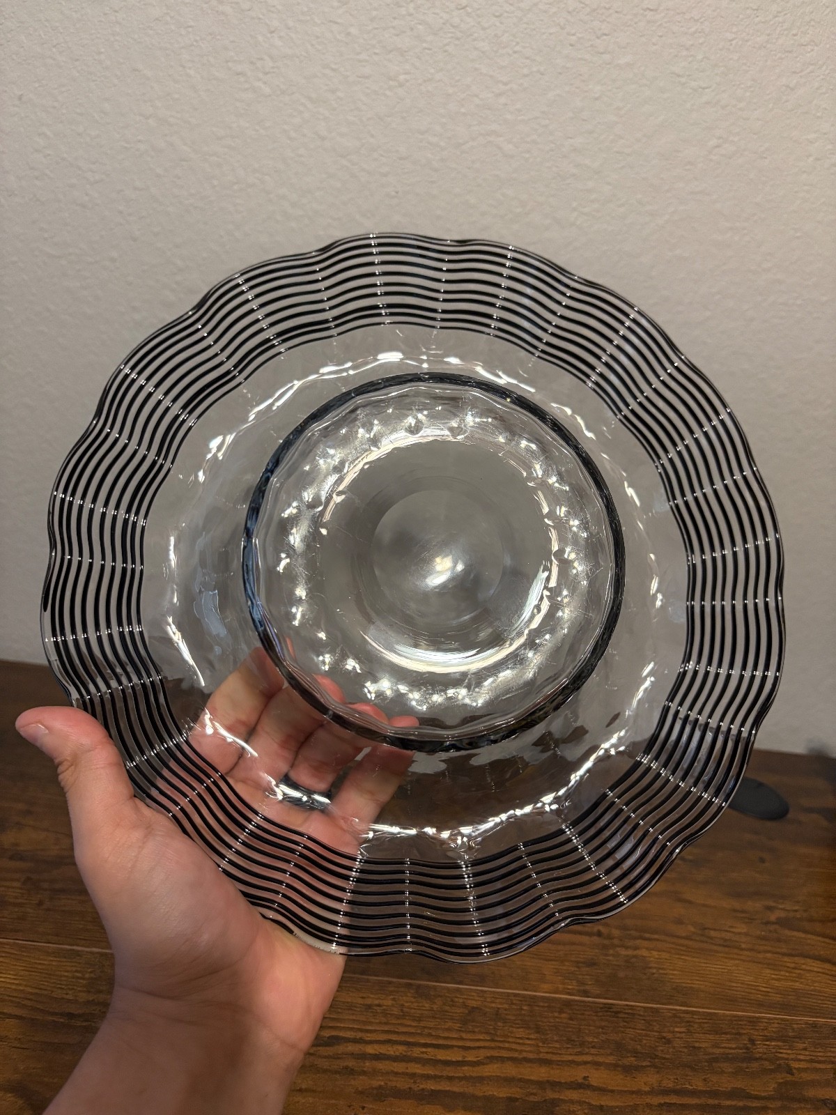 VTG FRY GLASS CO Black Threaded DIAMOND OPTIC Glass Centerpiece Bowl 11.75″W