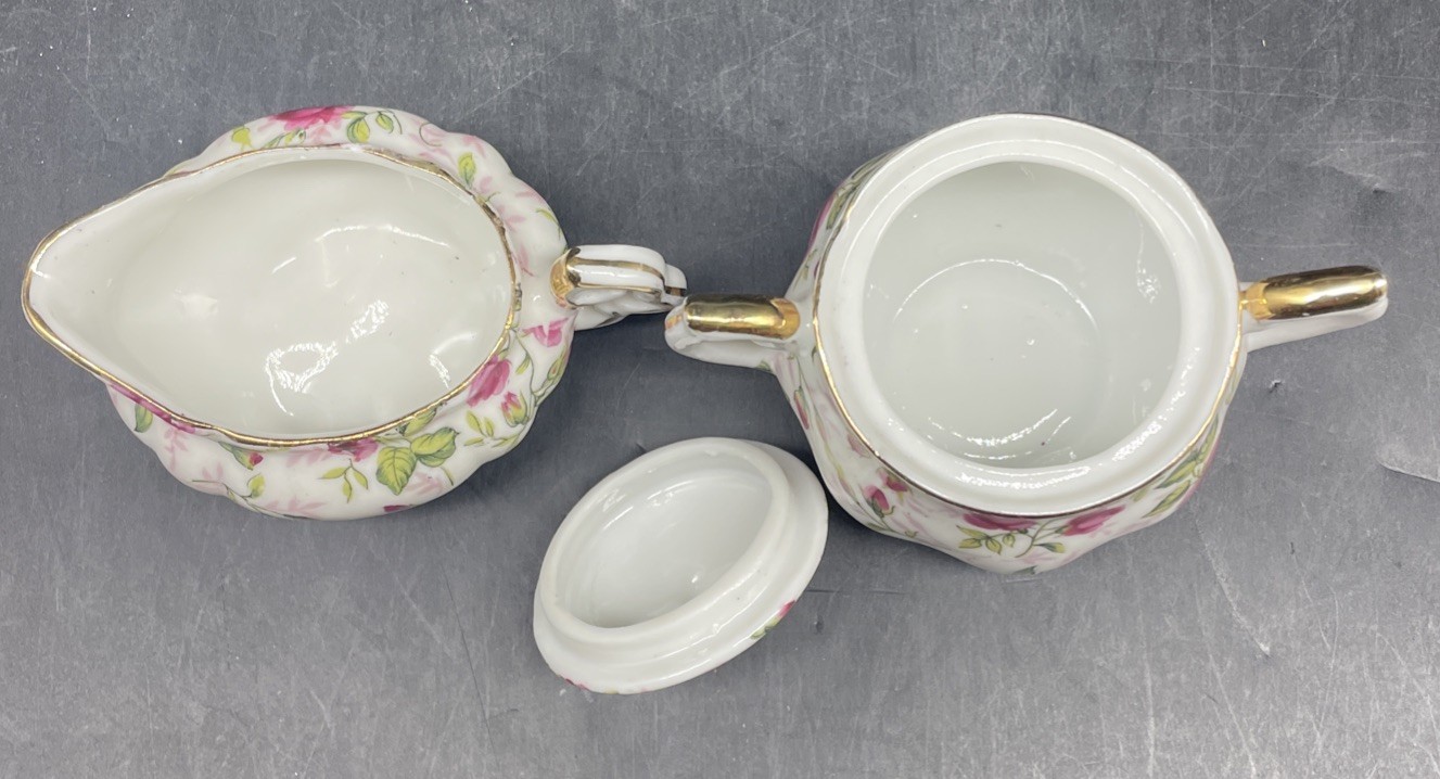 Vintage Lefton Rose Chintz Gold Leaf China Creamer and Sugar Bowl with Lid