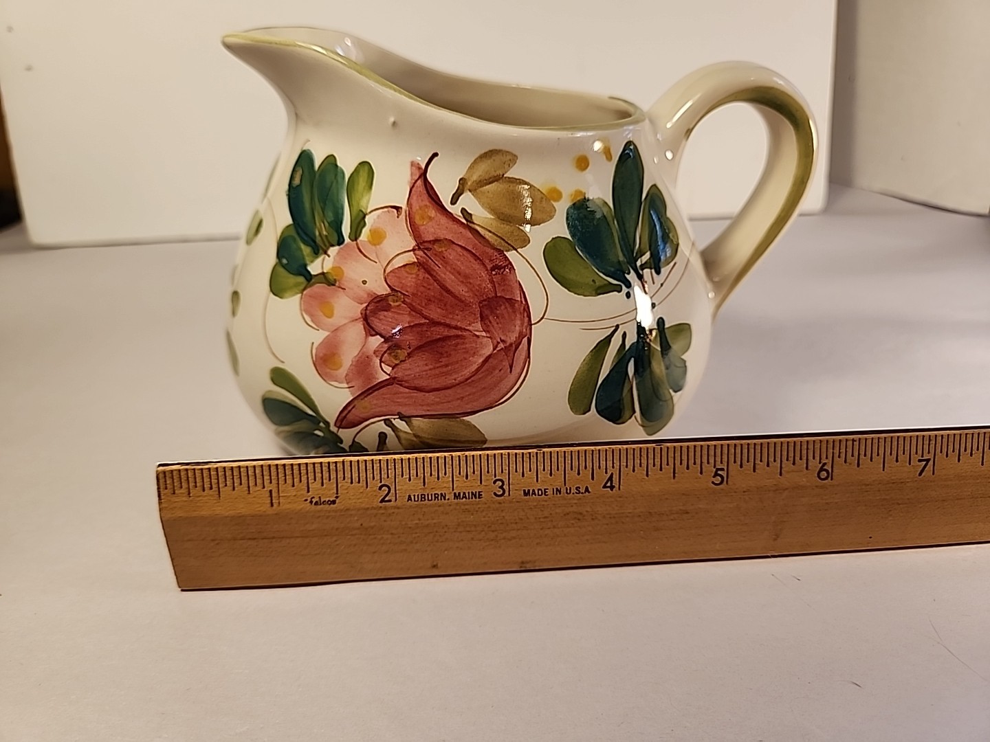 Secla Portugal Pottery Squat Pitcher Hand Painted Floral Vtg Cream Red Green
