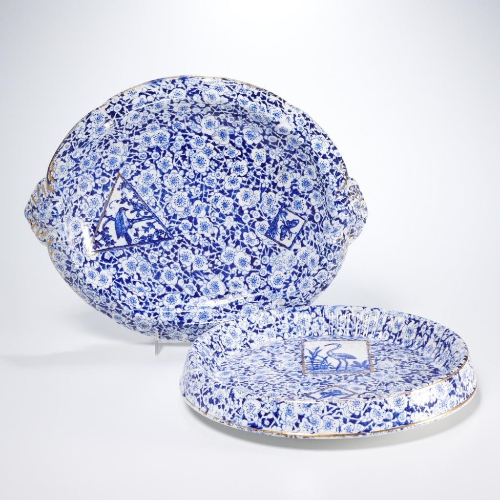 Antique Blue White Cherry Blossom Chintz Japonaiserie Round Oval Serving Dishes