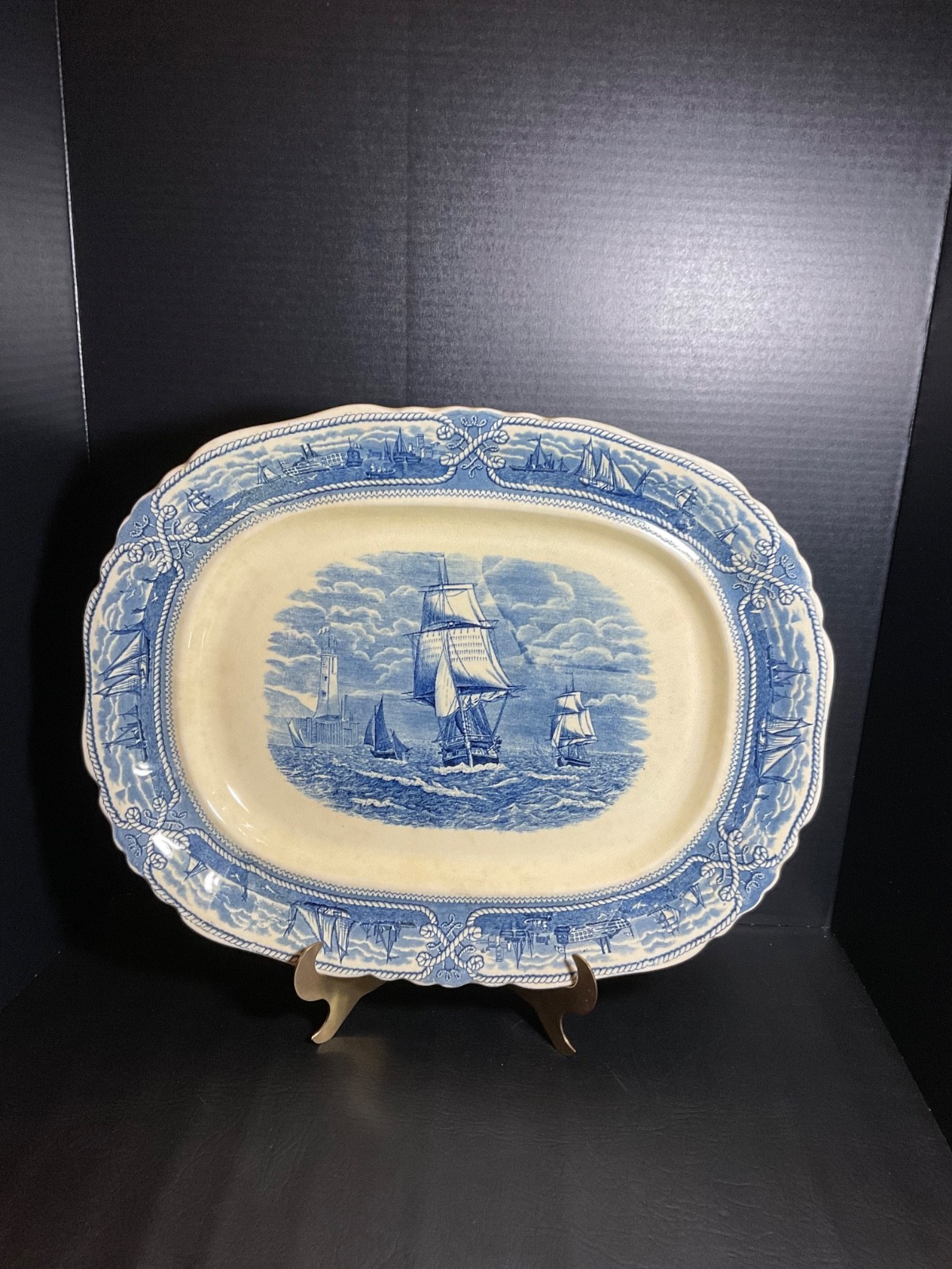 DEFECTIVE Antique Masons AMERICAN MARINE Ironstone Oval Blue 19 Platter G3D