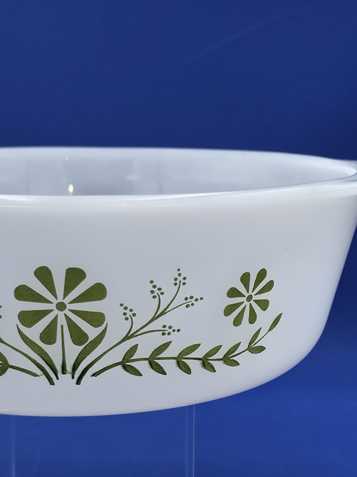 Glasbake Vintage MCM Milk Glass Oven Safe Casserole Dish Green Crazy Daisy