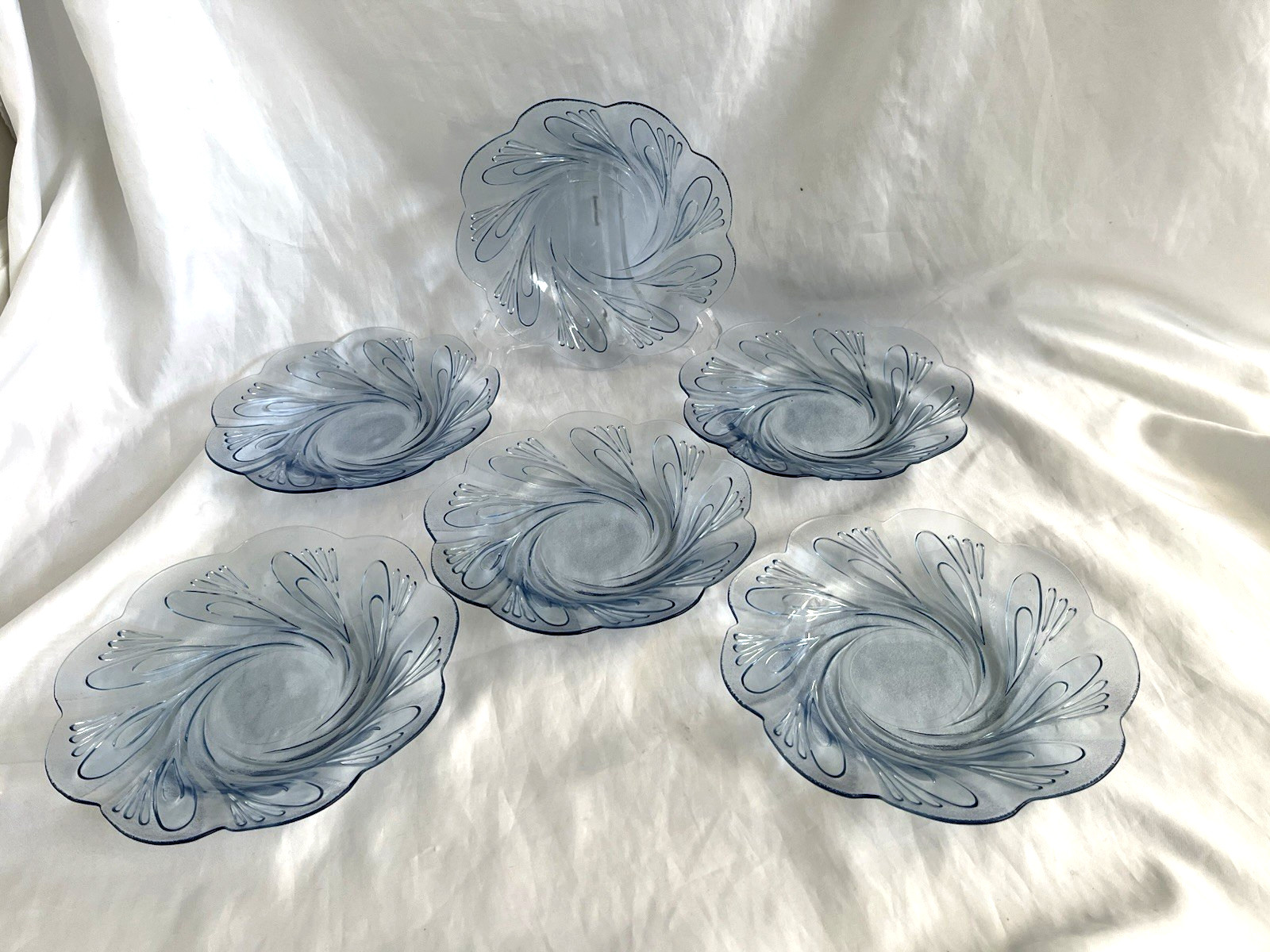 KIG (?) set of 6 clear blue glass 8″1/2″ salad plates-embossed swirls .Indonesia