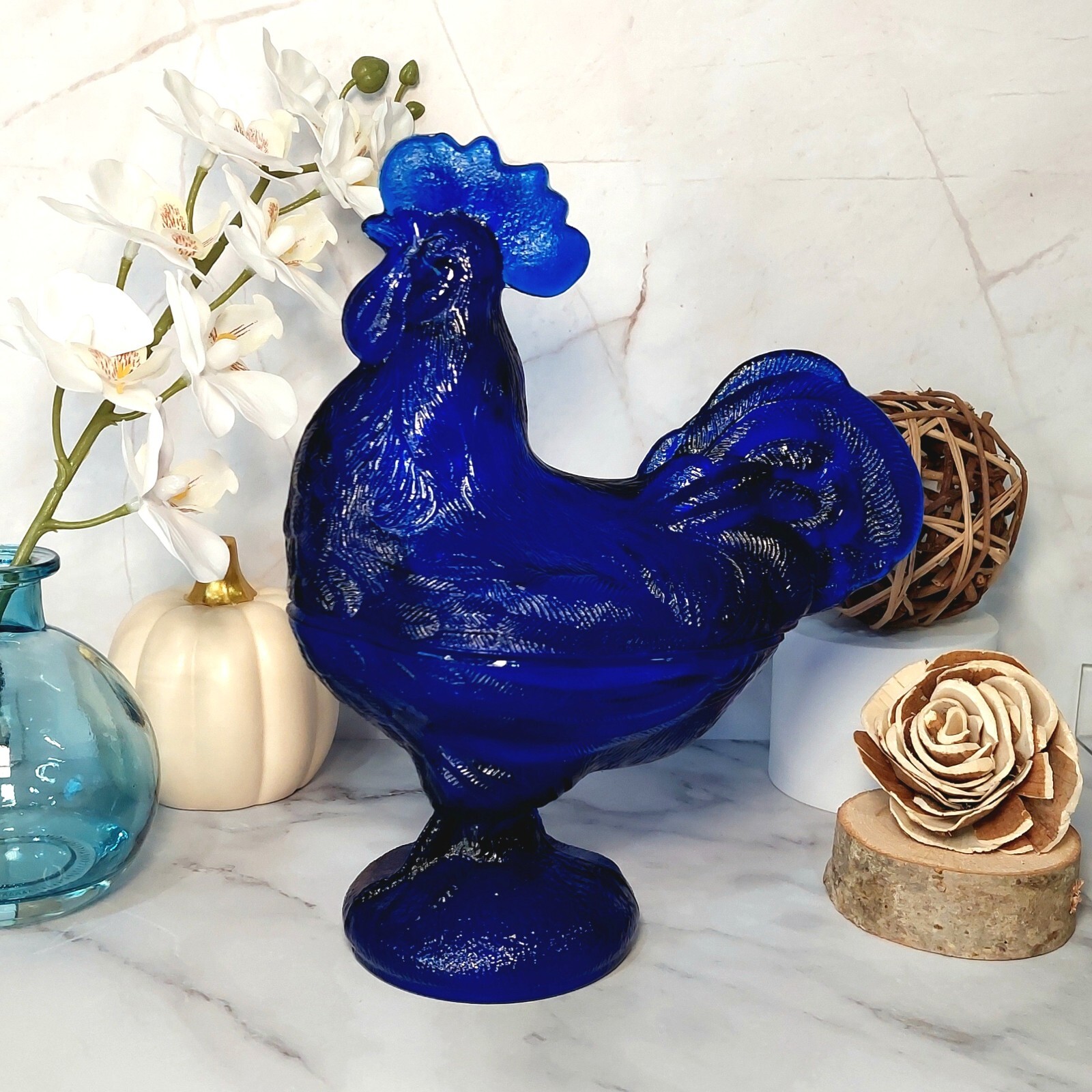 Cobalt Blue Glass Depression Style Rooster Chicken Candy Dish, Hen on Nest, Bowl