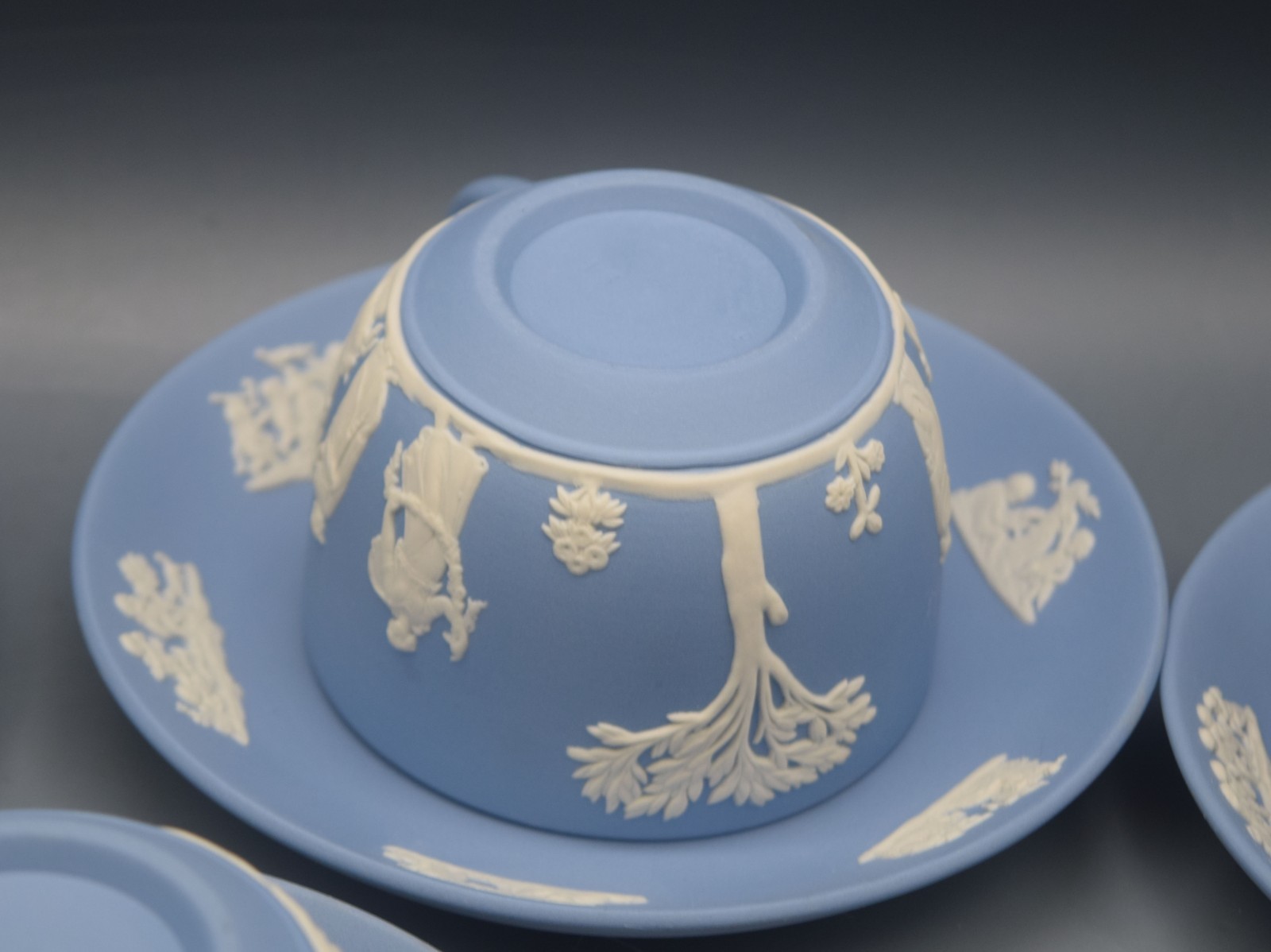 6 SETS WEDGWOOD BLUE JASPERWARE CUPS AND SAUCERS NEOCLASSICAL MYTHOLOGY
