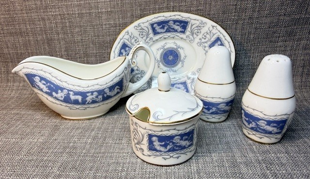 6 pc COALPORT England Revelry Pattern Fine Bone China Salt & Pepper, Gravy Boat