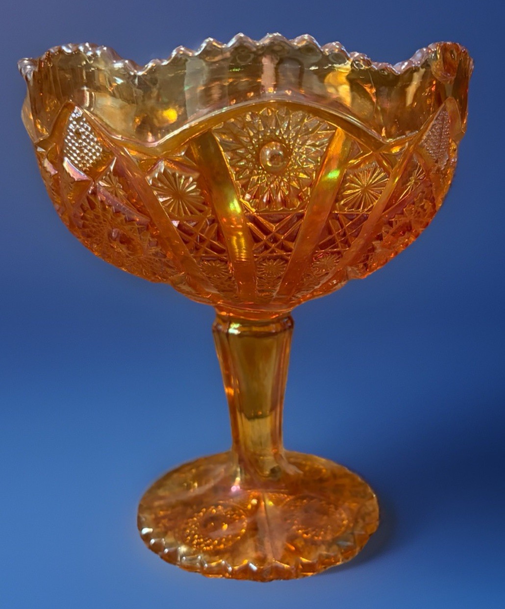 Vintage Marigold Carnival Glass Pedestal Compote Bowl Scalloped Rim