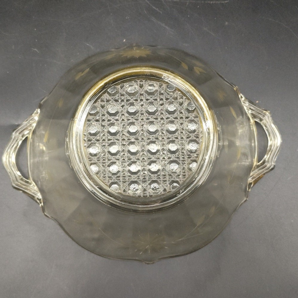 Vintage Etched Glass Serving Bowl w Handles Floral Star Pattern