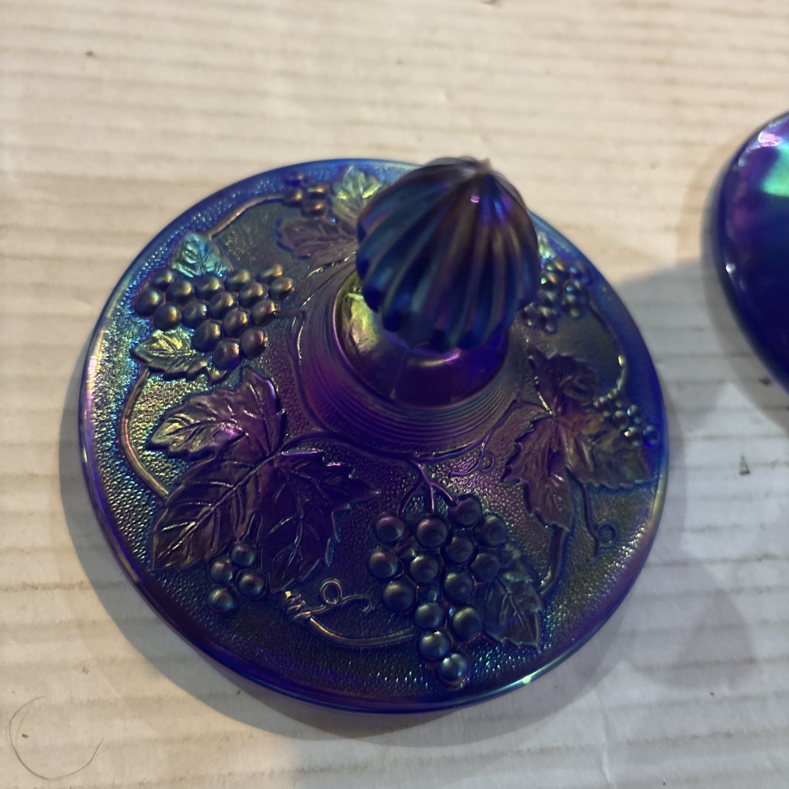 Imperial Blue Carnival Glass Harvest Grape Candy Dish Lid Compote With Sticker