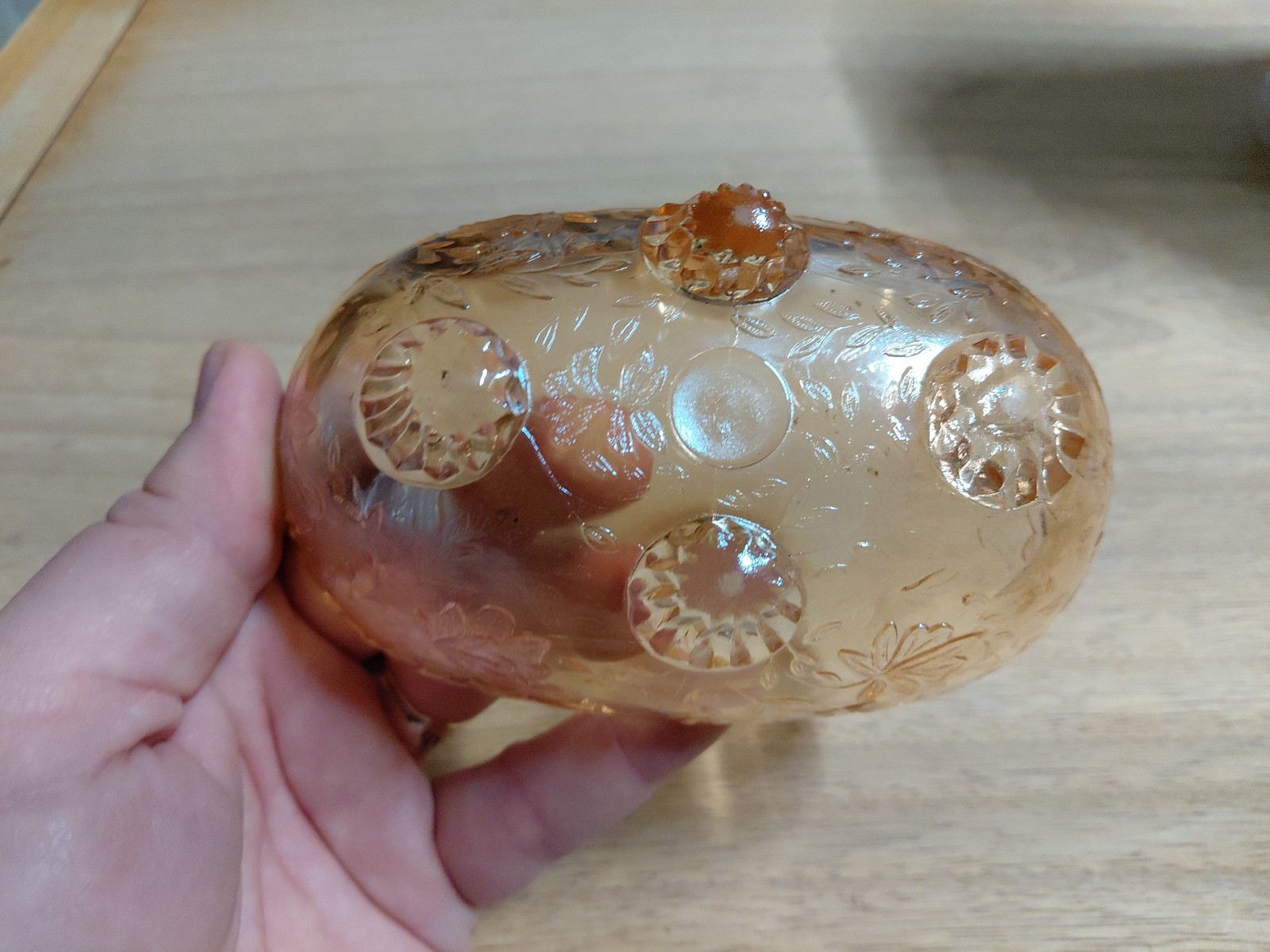 Vtg Amber Peach Luster Footed Candy Trinket Dish, Embossed Floral