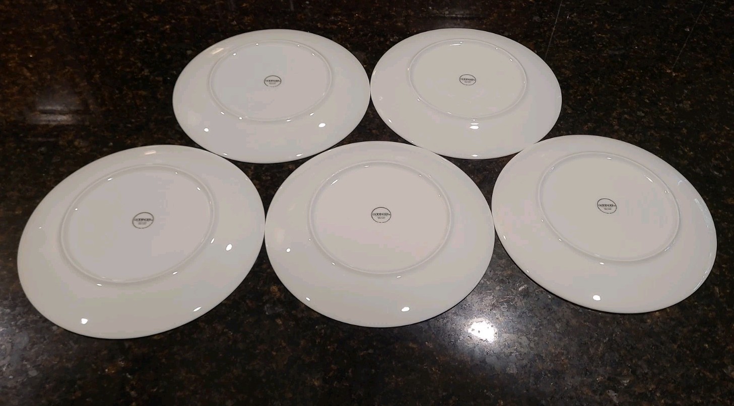 SET OF 5 Godinger Elegant Dining Bone China Round White 9 1/8” Luncheon Plates