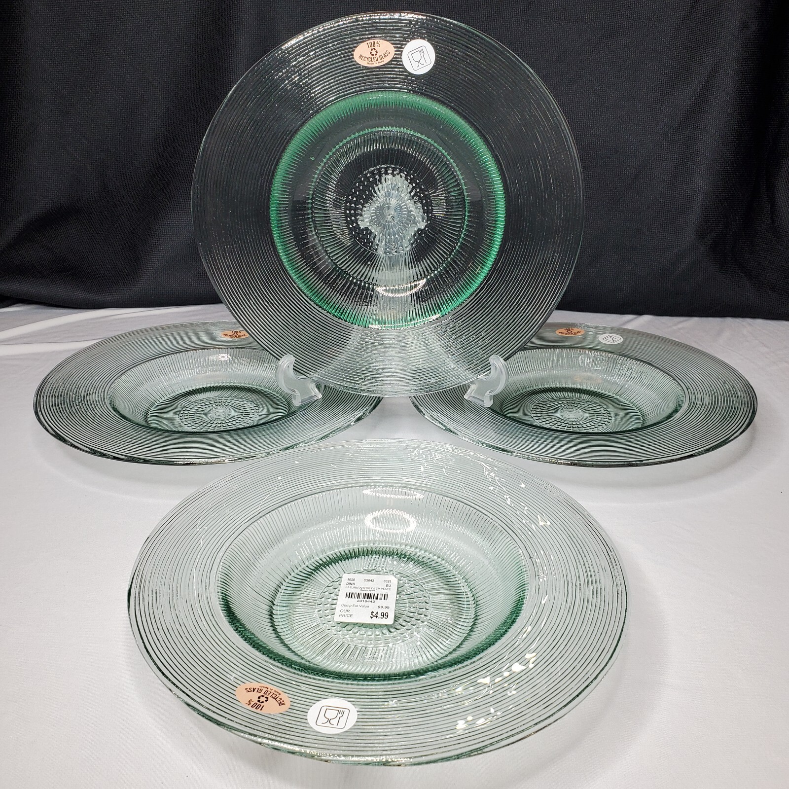 4 Recycled Spanish Glass Dinner Plates 10″ Set Wide Rim Clear Green Textured NOS