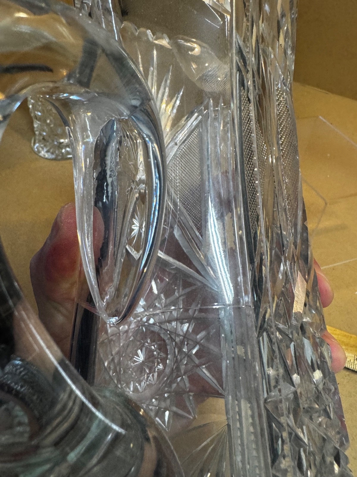 Vintage rare American Brilliant Cut Crystal Sawtooth Edge Pitcher Shabby Vase