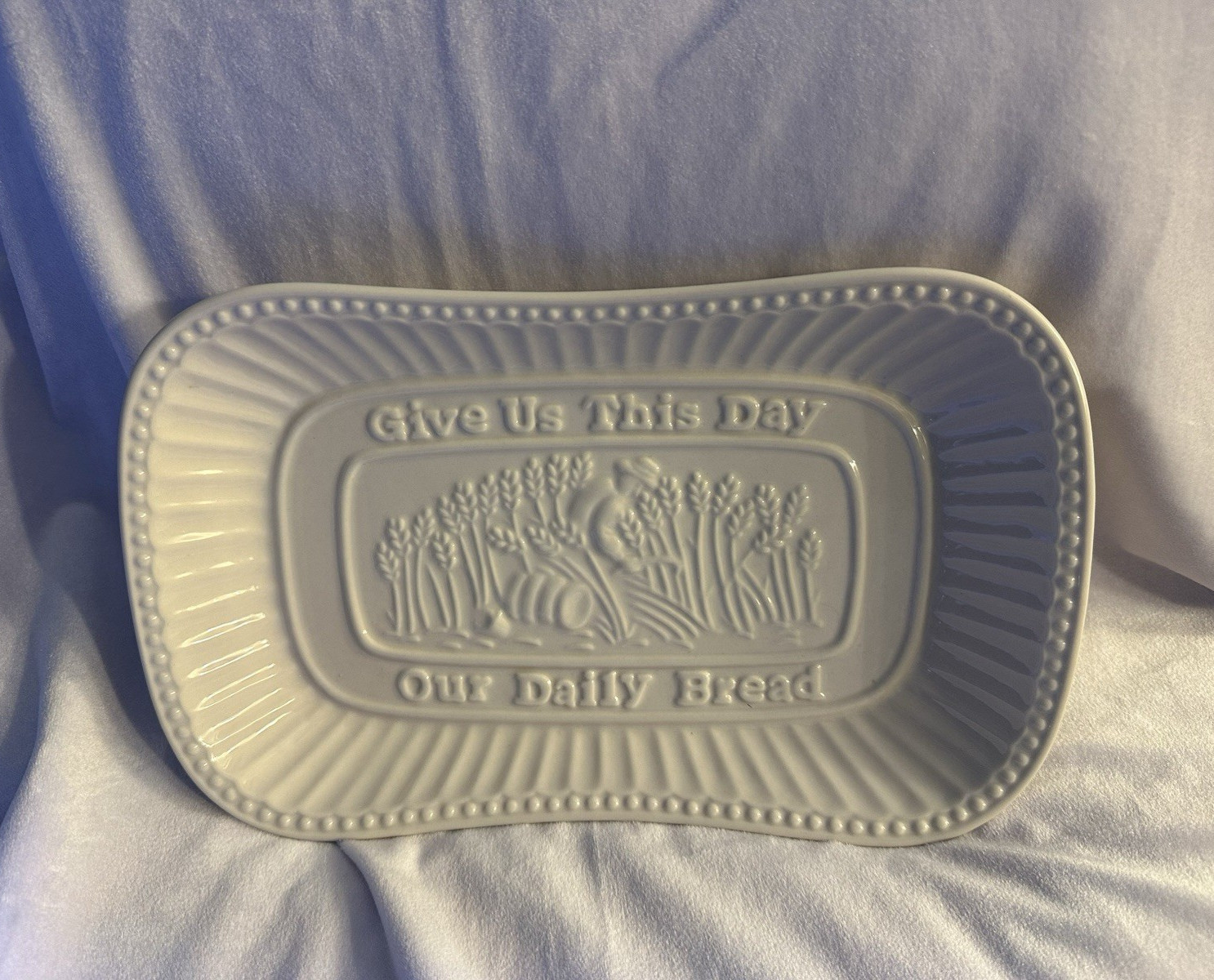White Glossy Ceramic Rectangular Platter “Give Us This Day Our Daily Bread”
