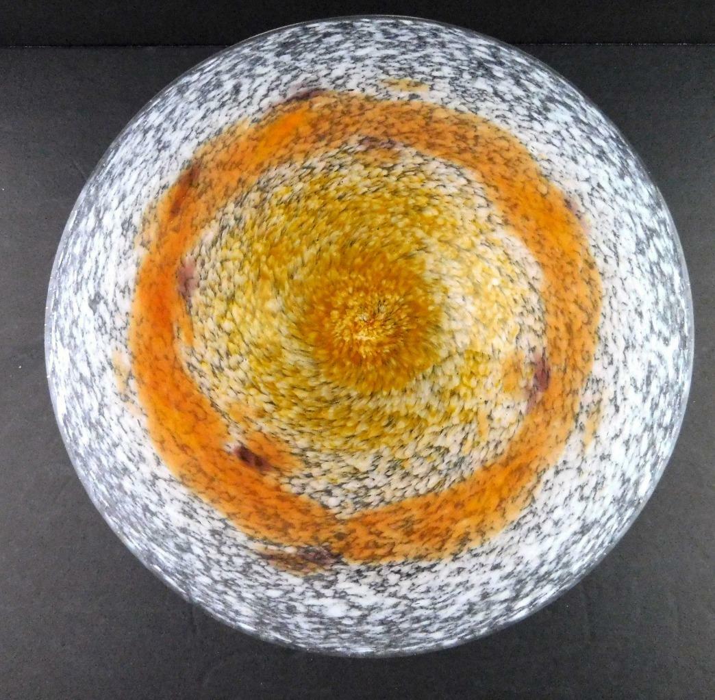 Vintage Art Glass Footed Dish or Stand White Orange Swirl Pattern Unsigned