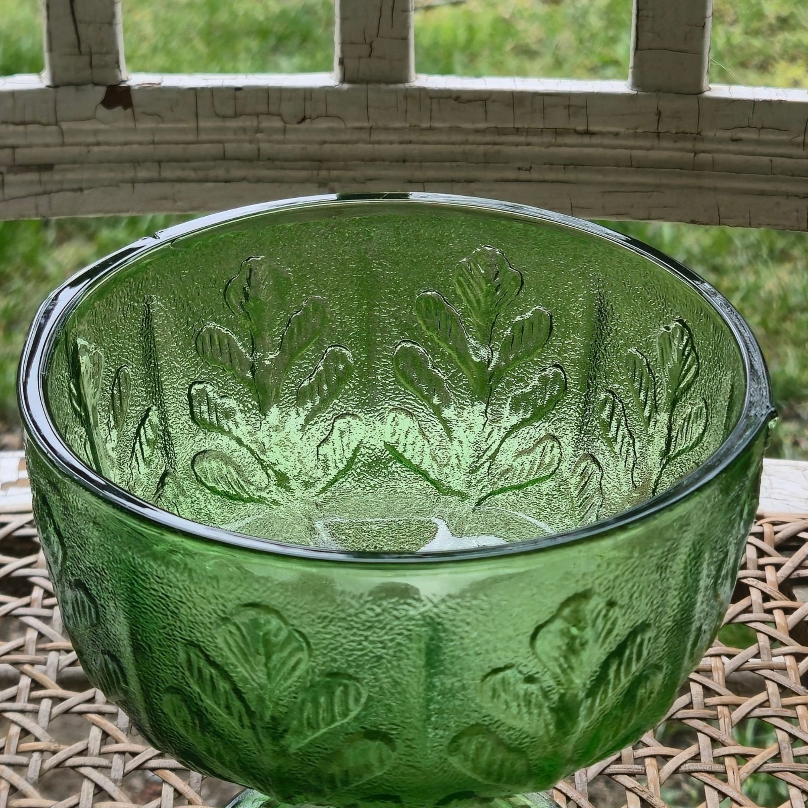 Vintage Green Pedestal Bowl Floral Pressed Glass Compote Dessert Dish FTD 1978